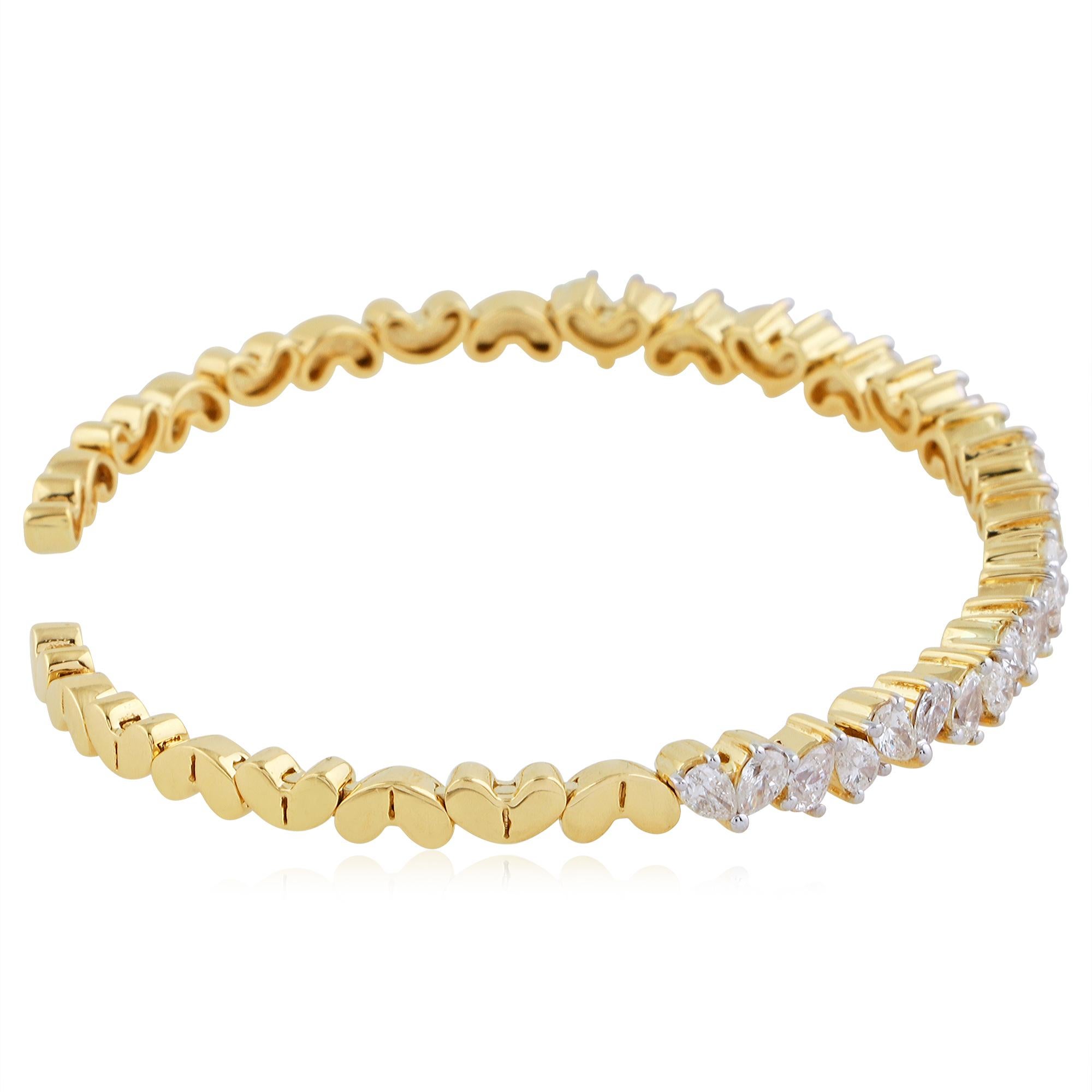 Pear Cut 18 Karat Yellow Gold Cuff Bangle SI Clarity HI Color Diamond Handmade Bracelet For Sale