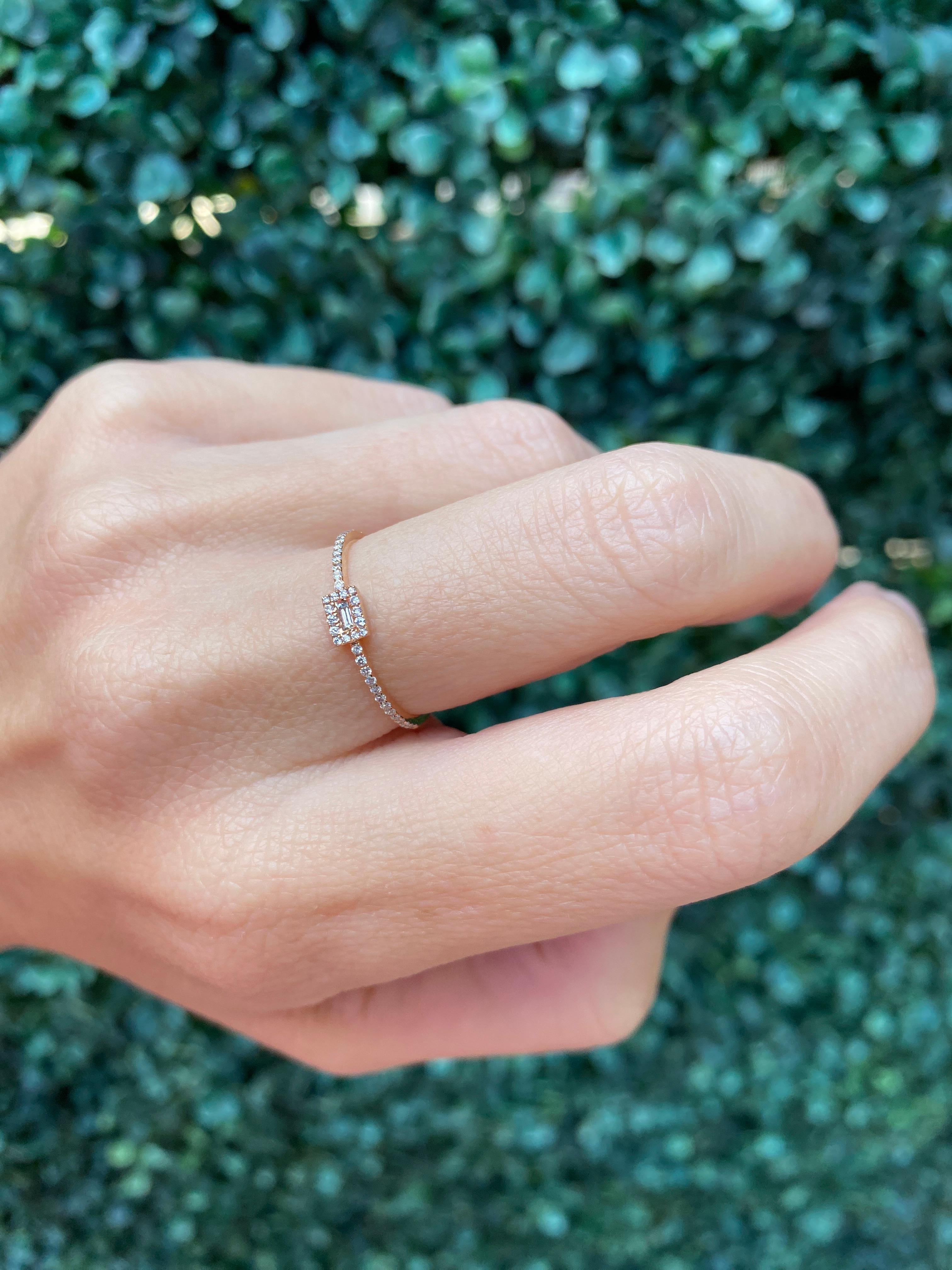 18 Karat Rose Gold Dainty Halo Baguette Diamond Ring For Sale 6