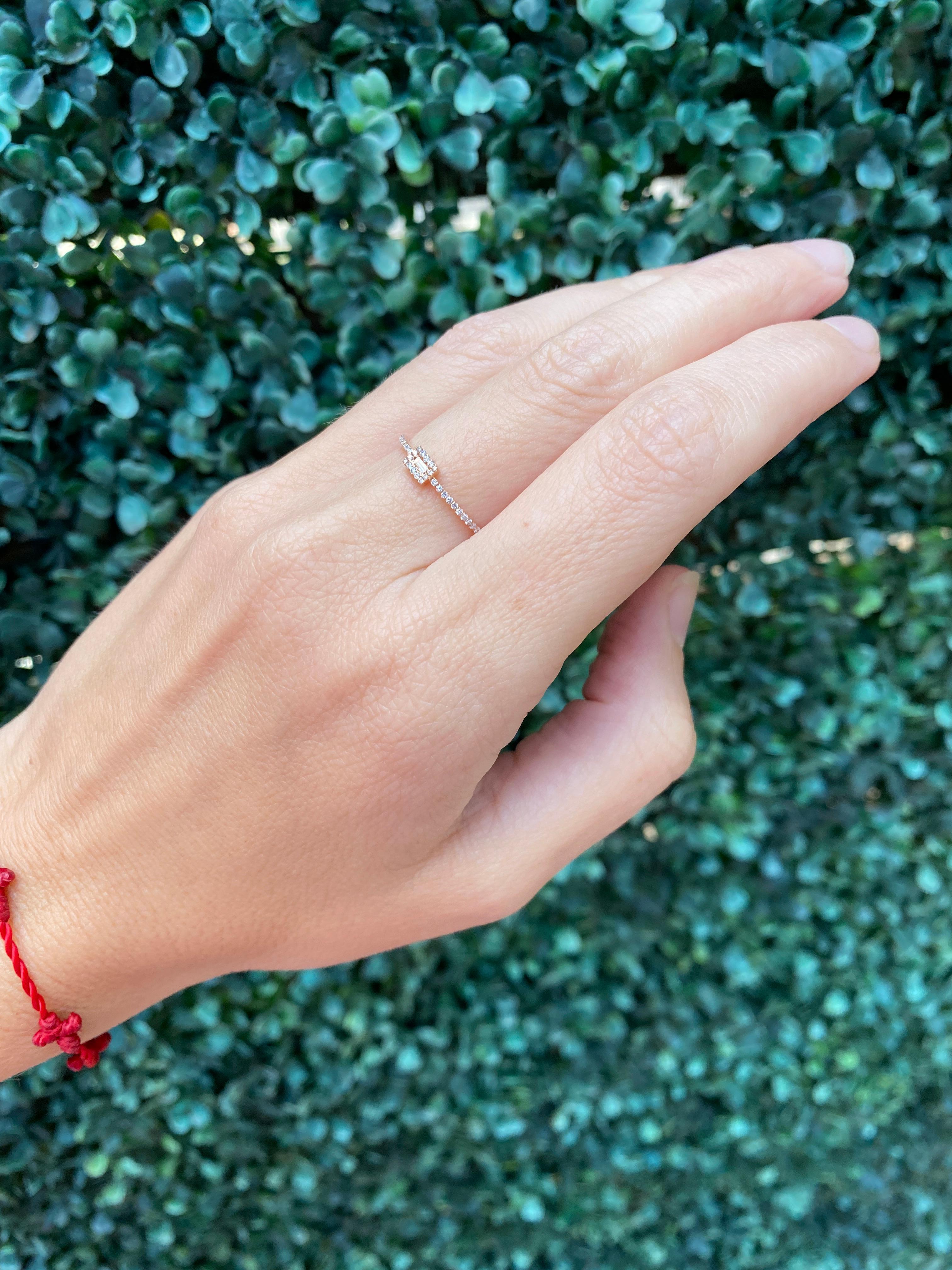 18 Karat Rose Gold Dainty Halo Baguette Diamond Ring For Sale 8