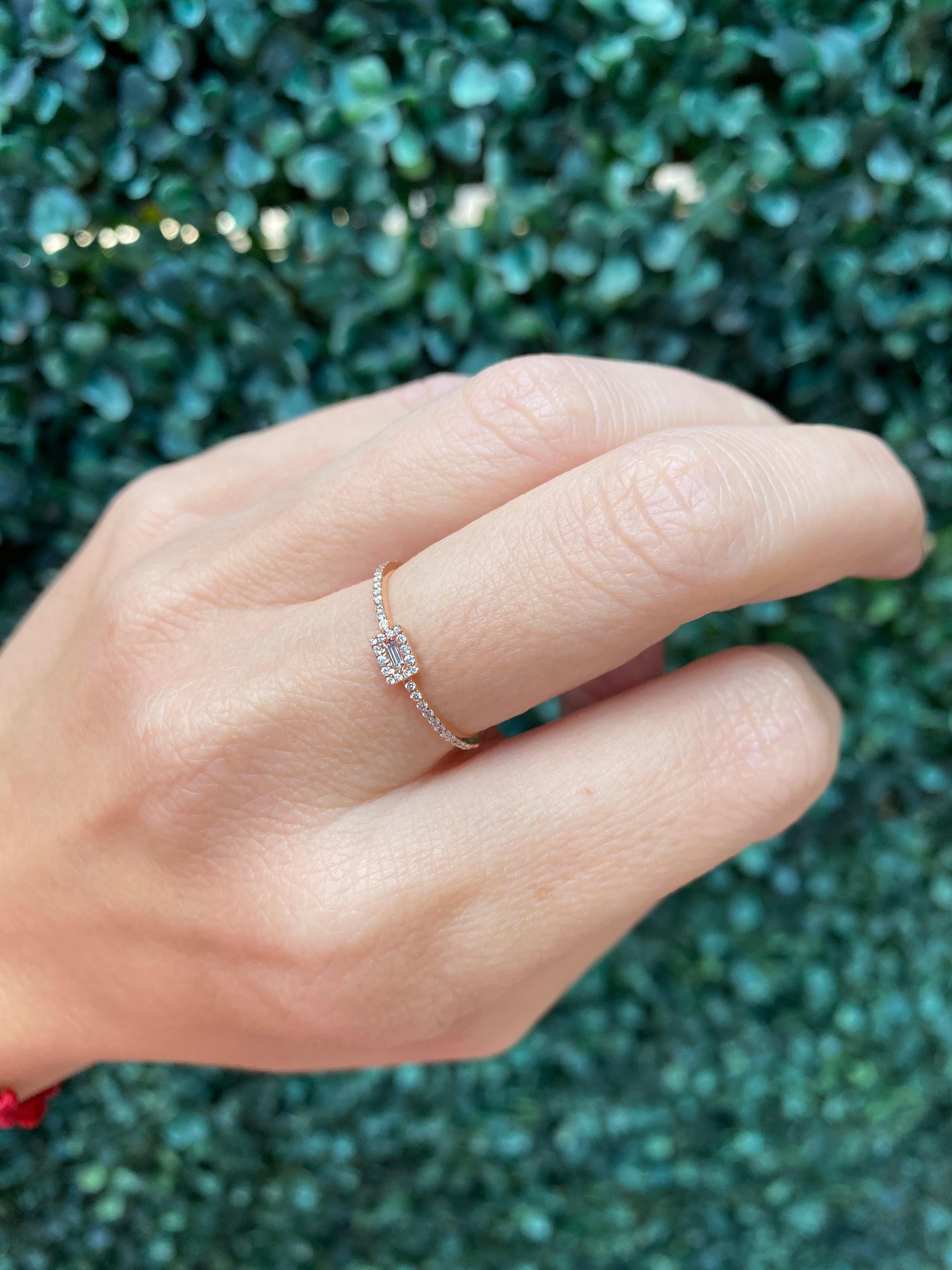 18 Karat Rose Gold Dainty Halo Baguette Diamond Ring For Sale 17