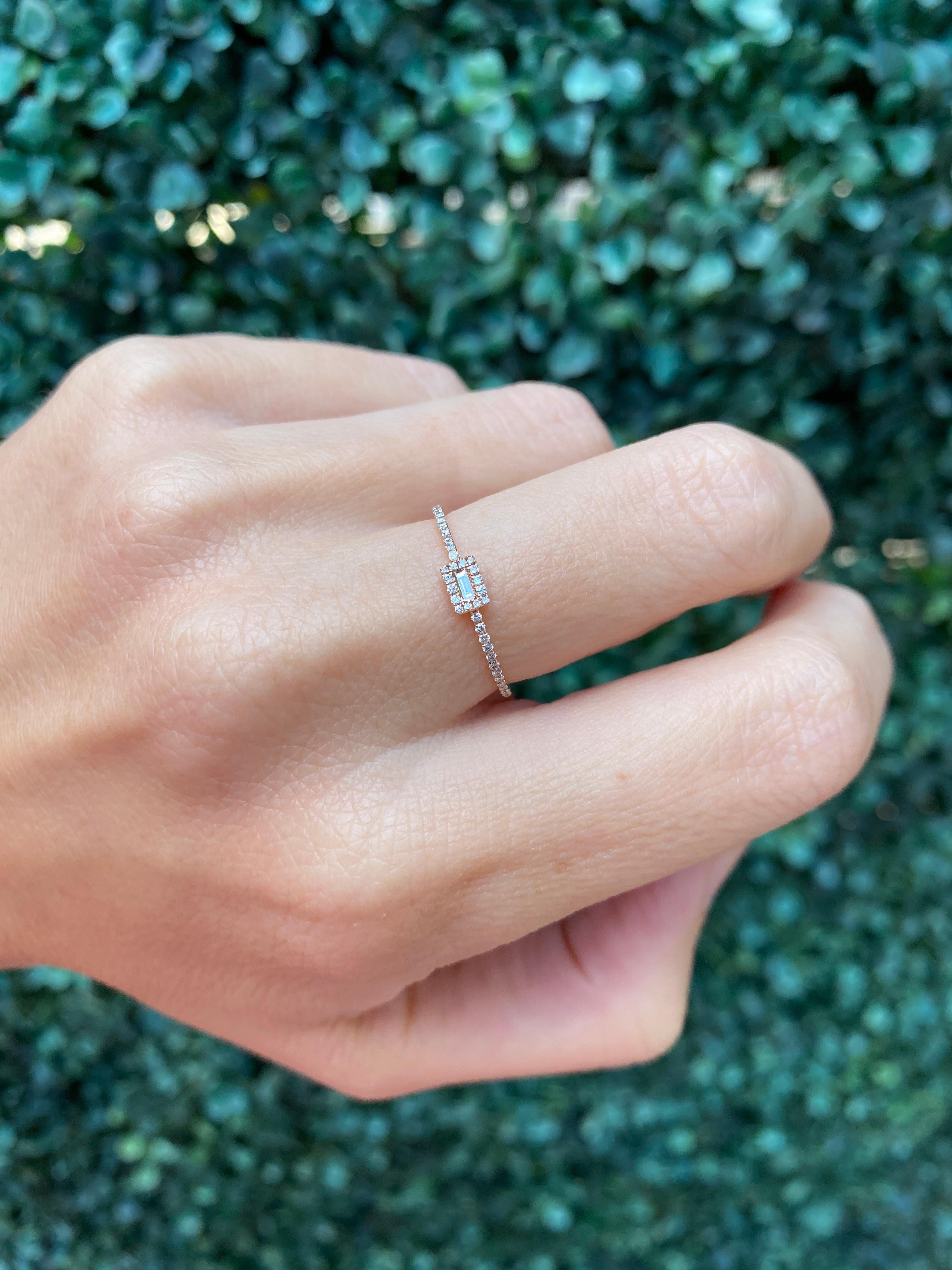 18 Karat Rose Gold Dainty Halo Baguette Diamond Ring For Sale 19