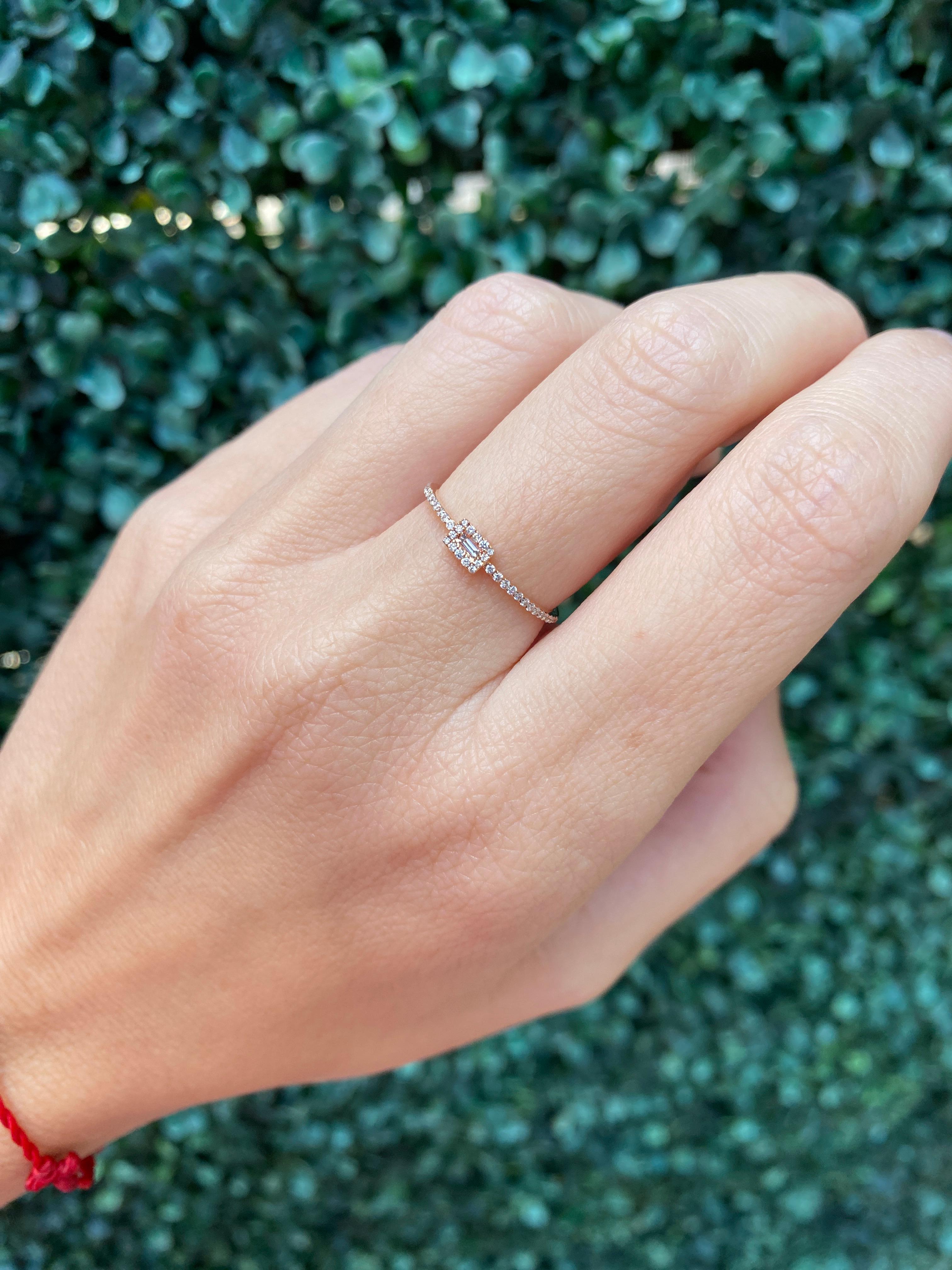 18 Karat Rose Gold Dainty Halo Baguette Diamond Ring For Sale 21