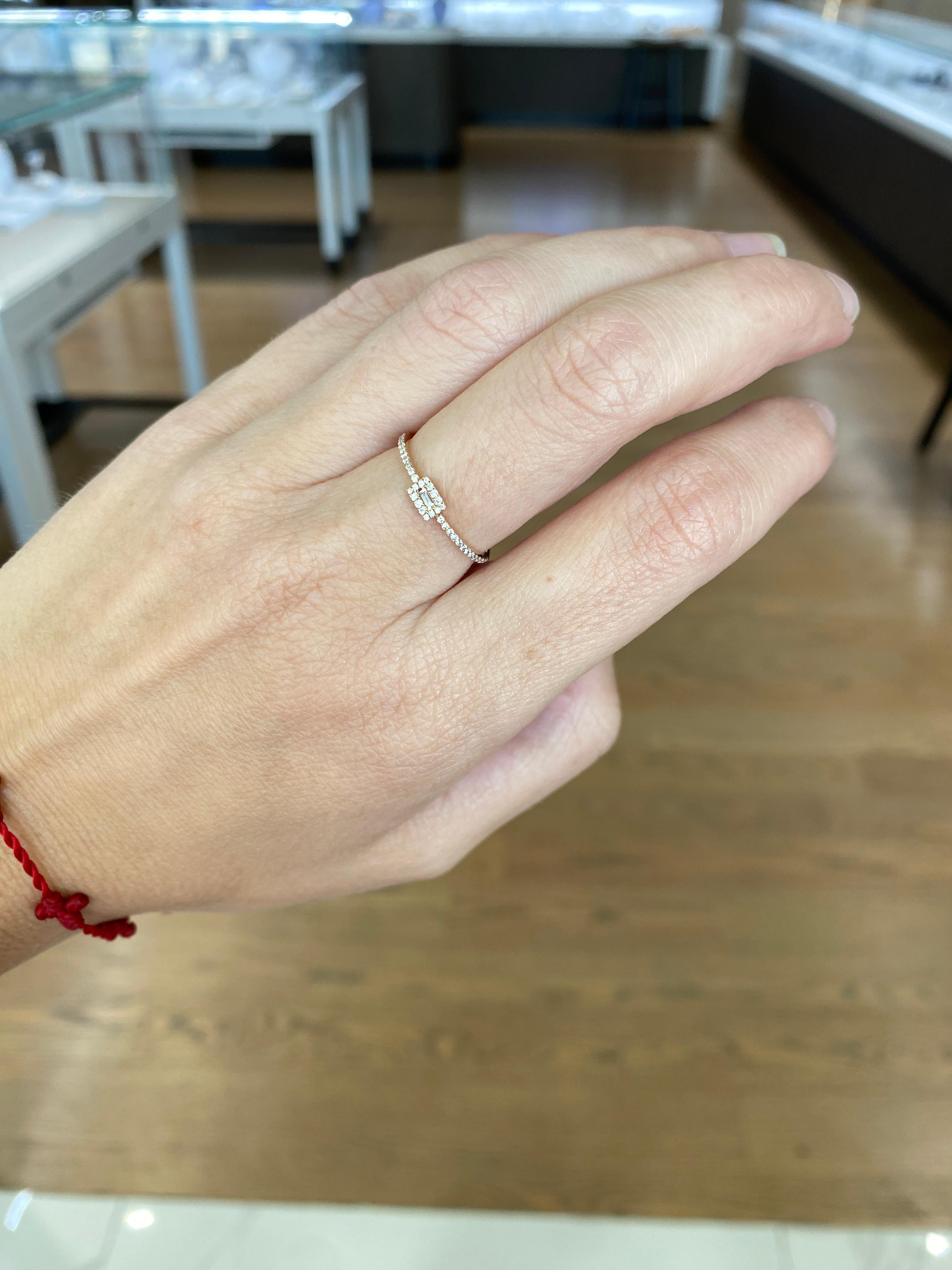 18 Karat Rose Gold Dainty Halo Baguette Diamond Ring For Sale 2