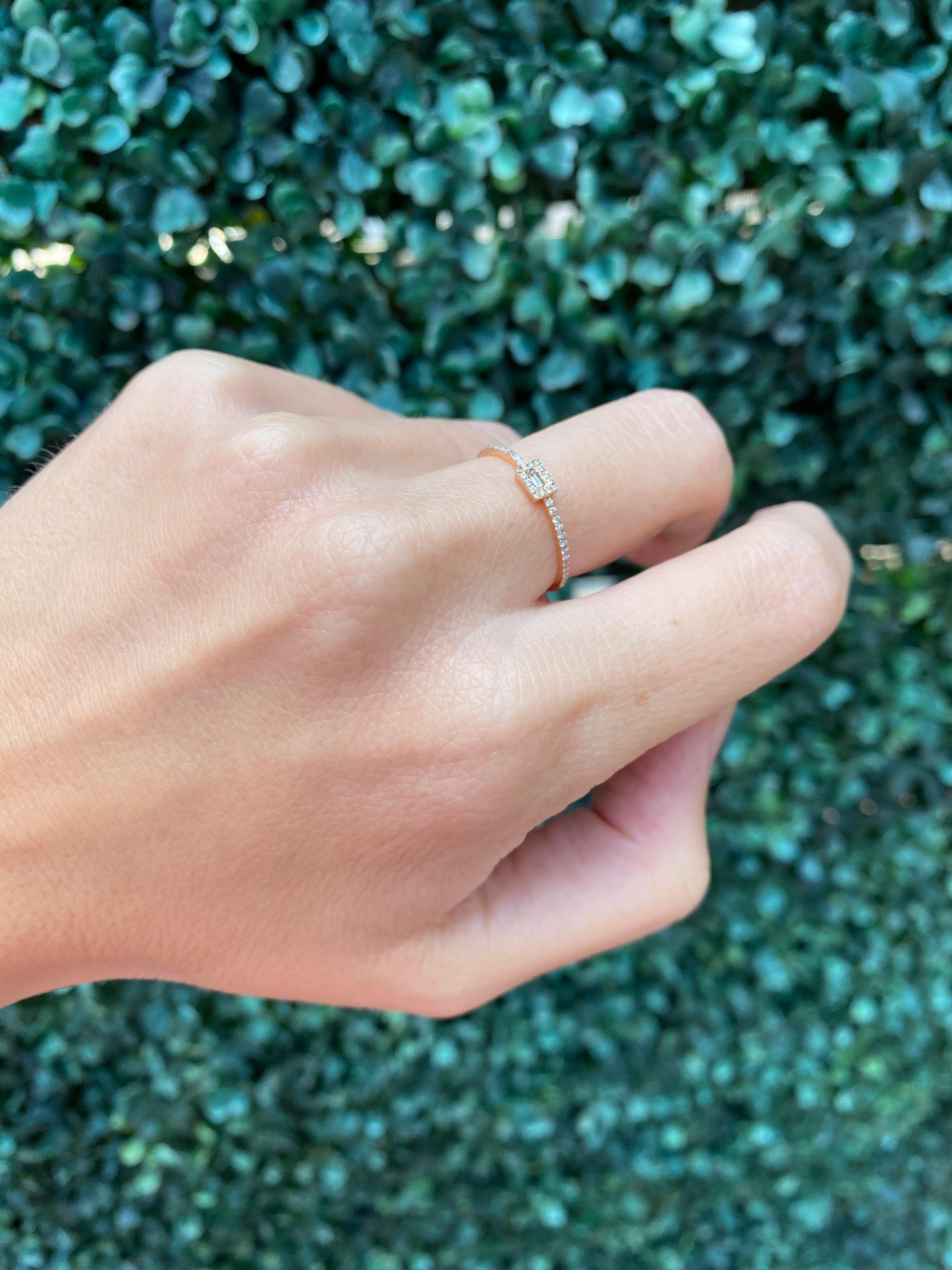 18 Karat Rose Gold Dainty Halo Baguette Diamond Ring For Sale 4