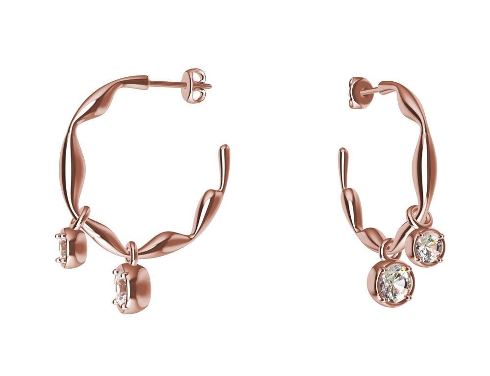 Round Cut 18 Karat Rose Gold Dangle Diamond Earring Hoops For Sale
