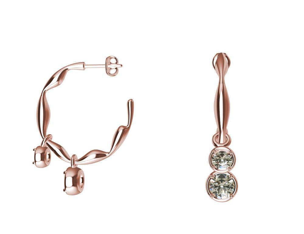18 Karat Rose Gold Dangle Diamond Earring Hoops For Sale 2