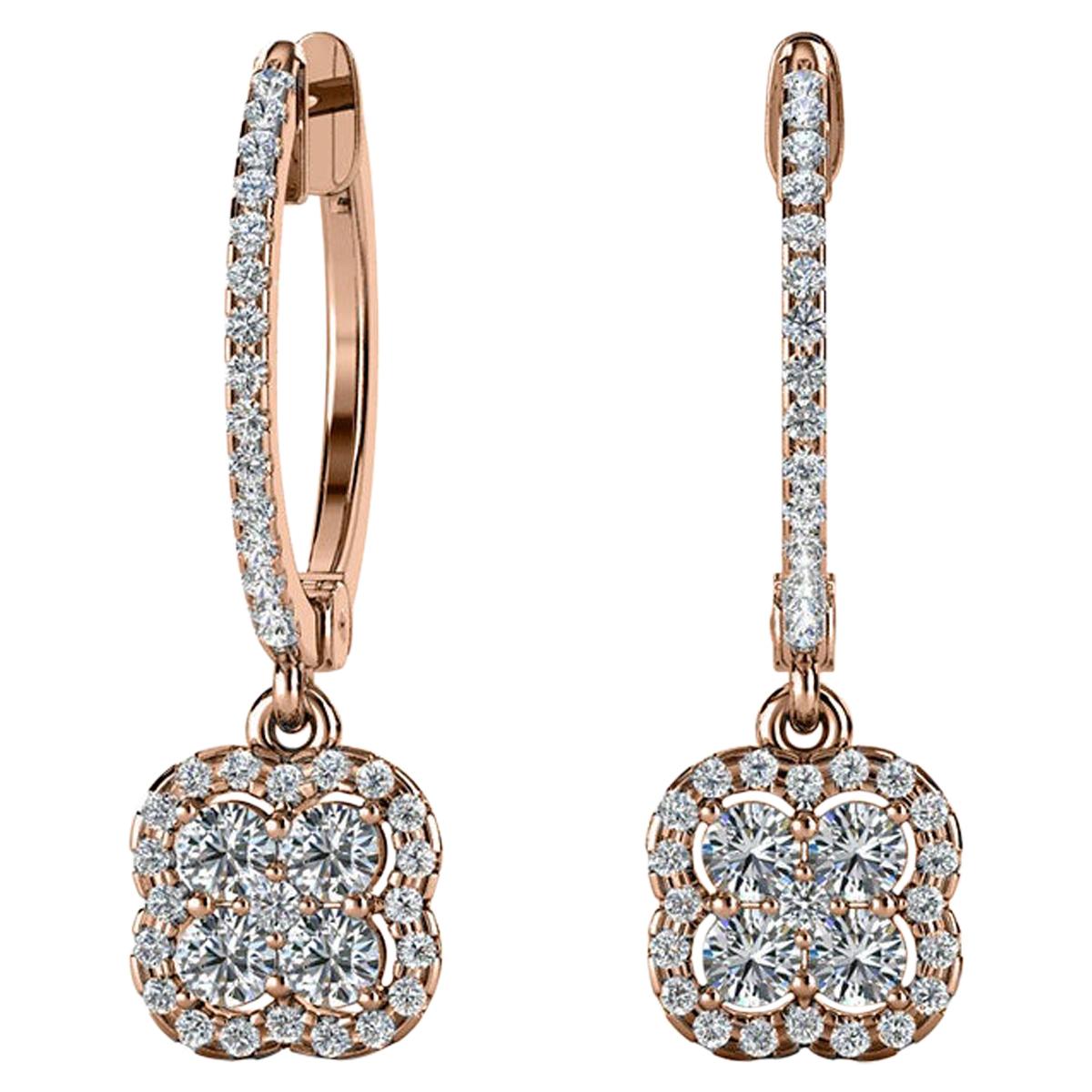 Boucles d'oreilles en or rose 18 carats avec halo de diamants à fleurs pendantes de 2/3 carats