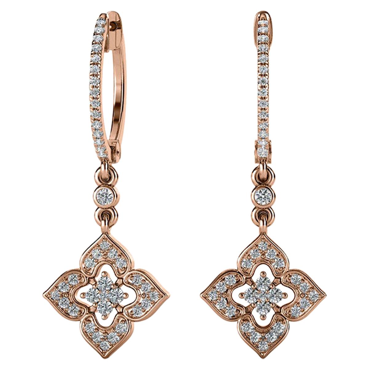 18 Karat Rose Gold Dangling Halo Diamond Earrings '2/5 Carat' For Sale