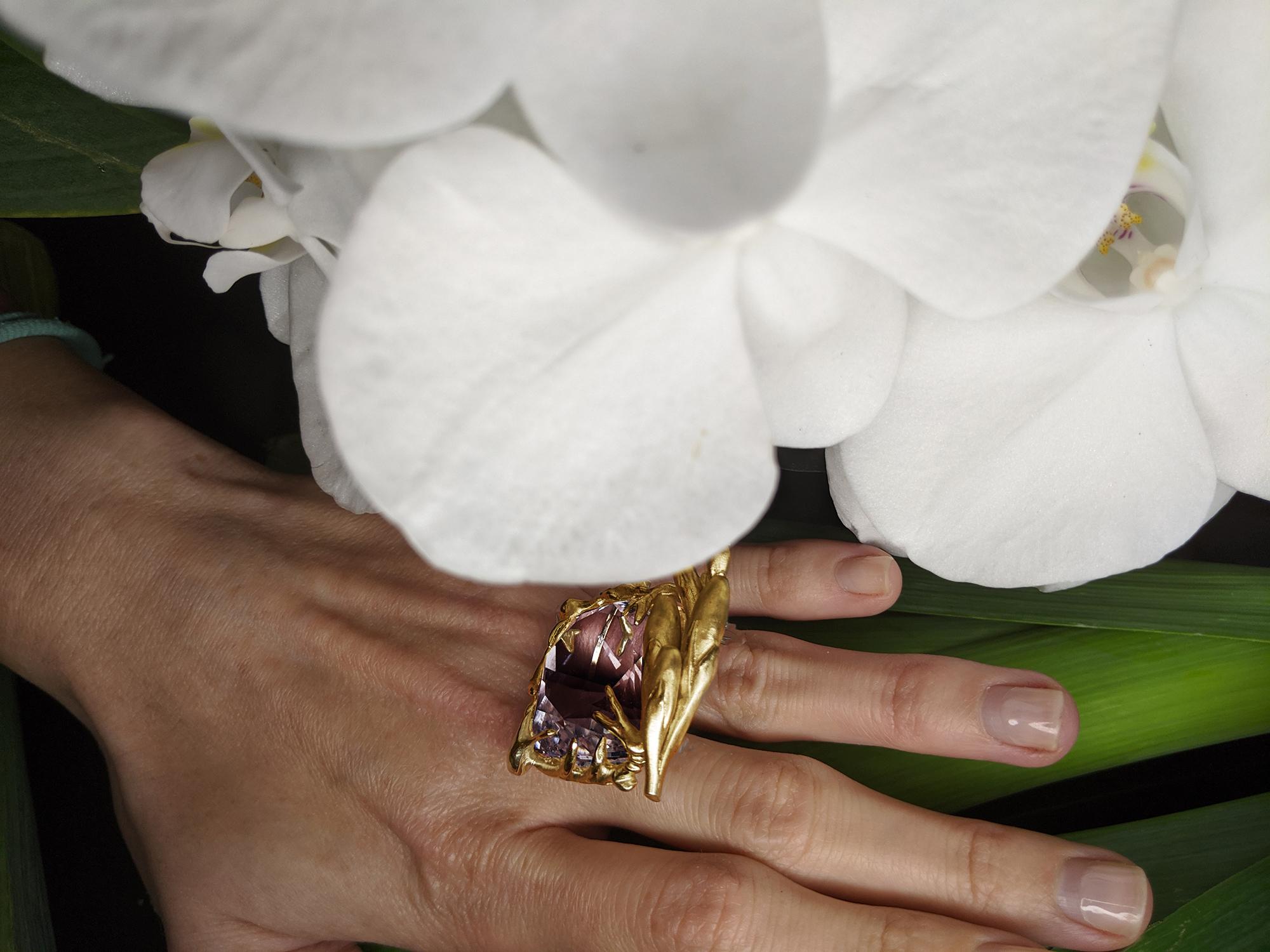 Emerald Cut 18 Karat Rose Gold Designer Ring with Natrual Amethyst and Diamonds