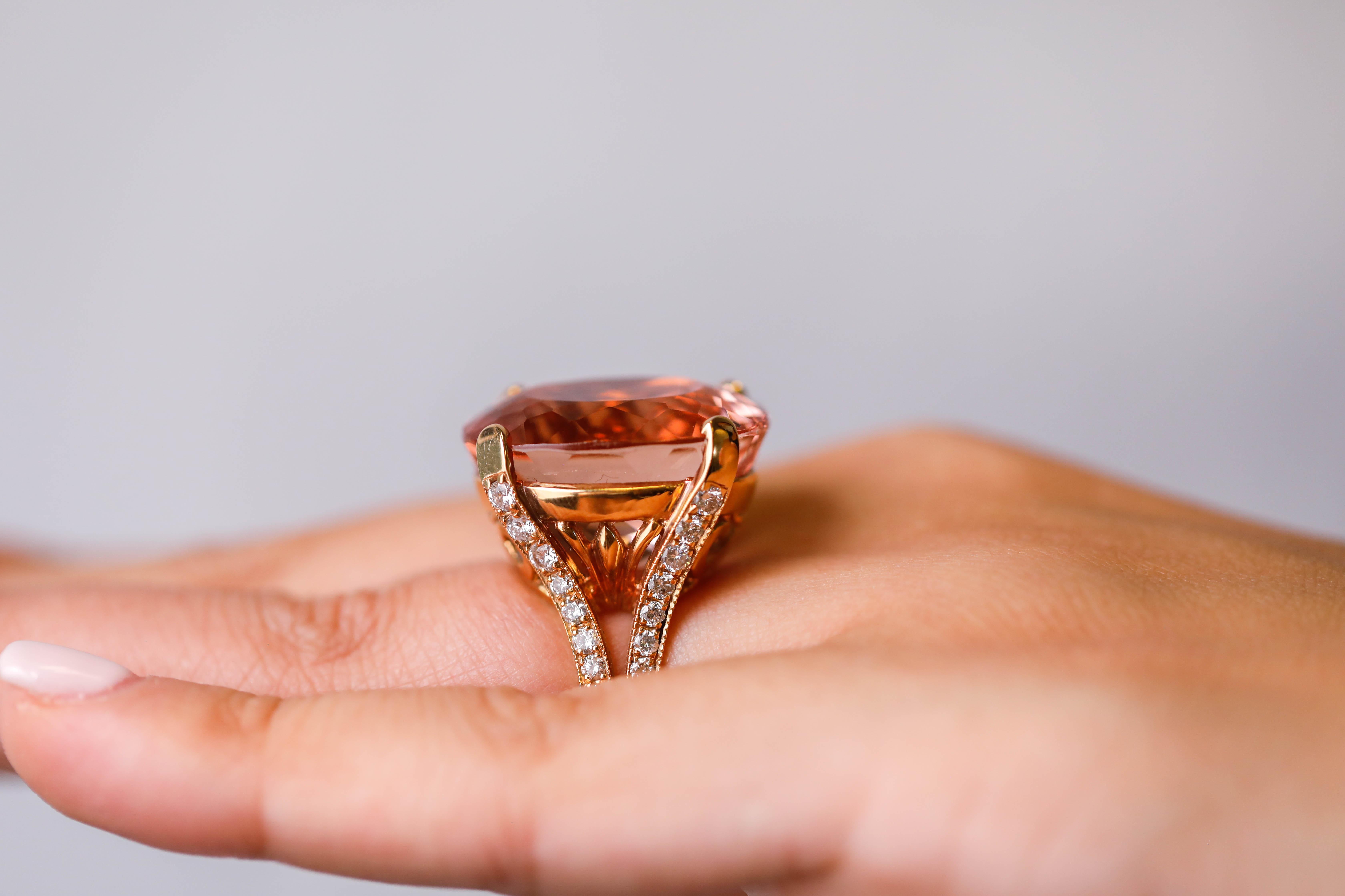 Contemporary 28 TCW Pink Morganite and Diamond accent Cocktail ring in 18K Rose Gold For Sale