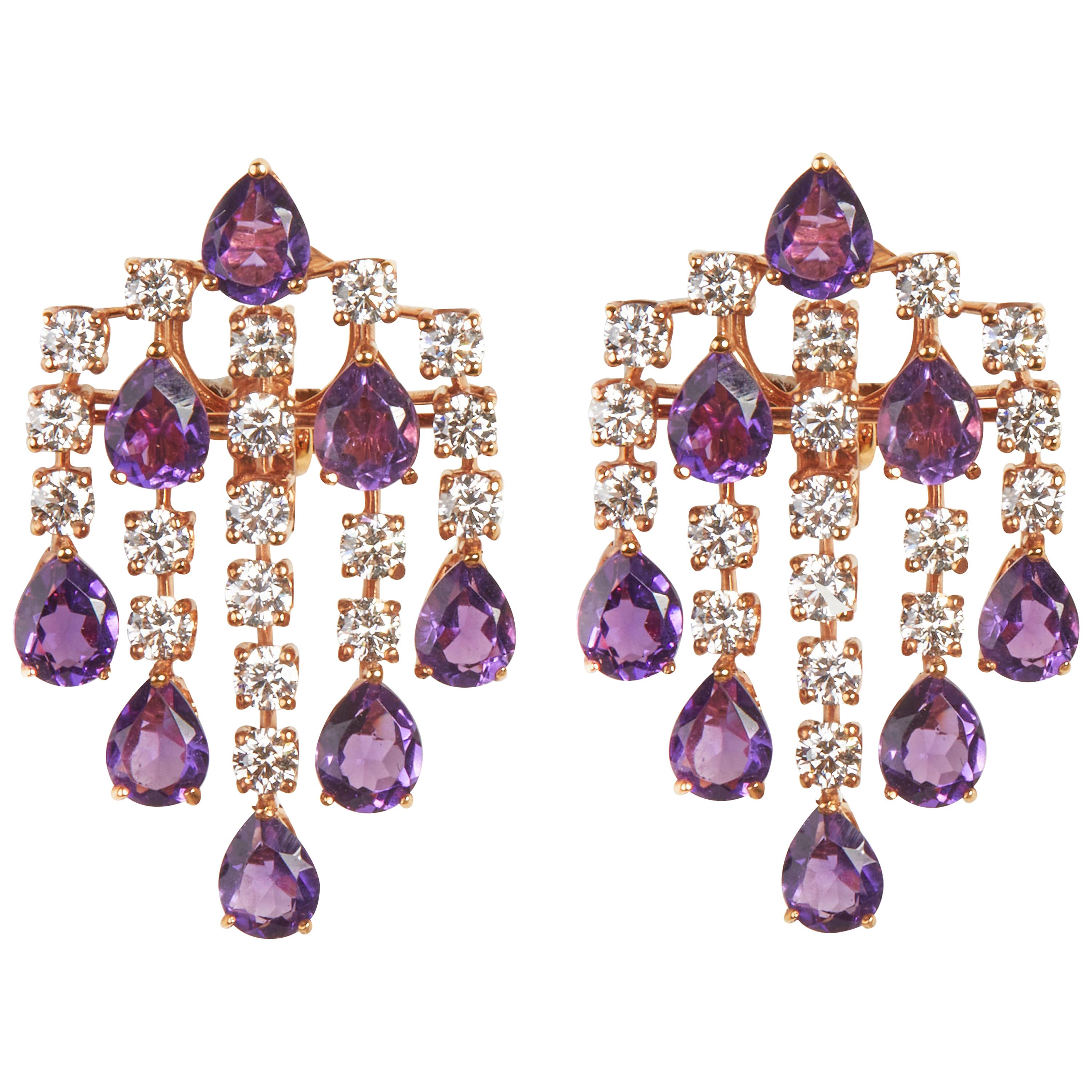 18 Karat Rose Gold Diamond Amethyst and Dangle Earrings