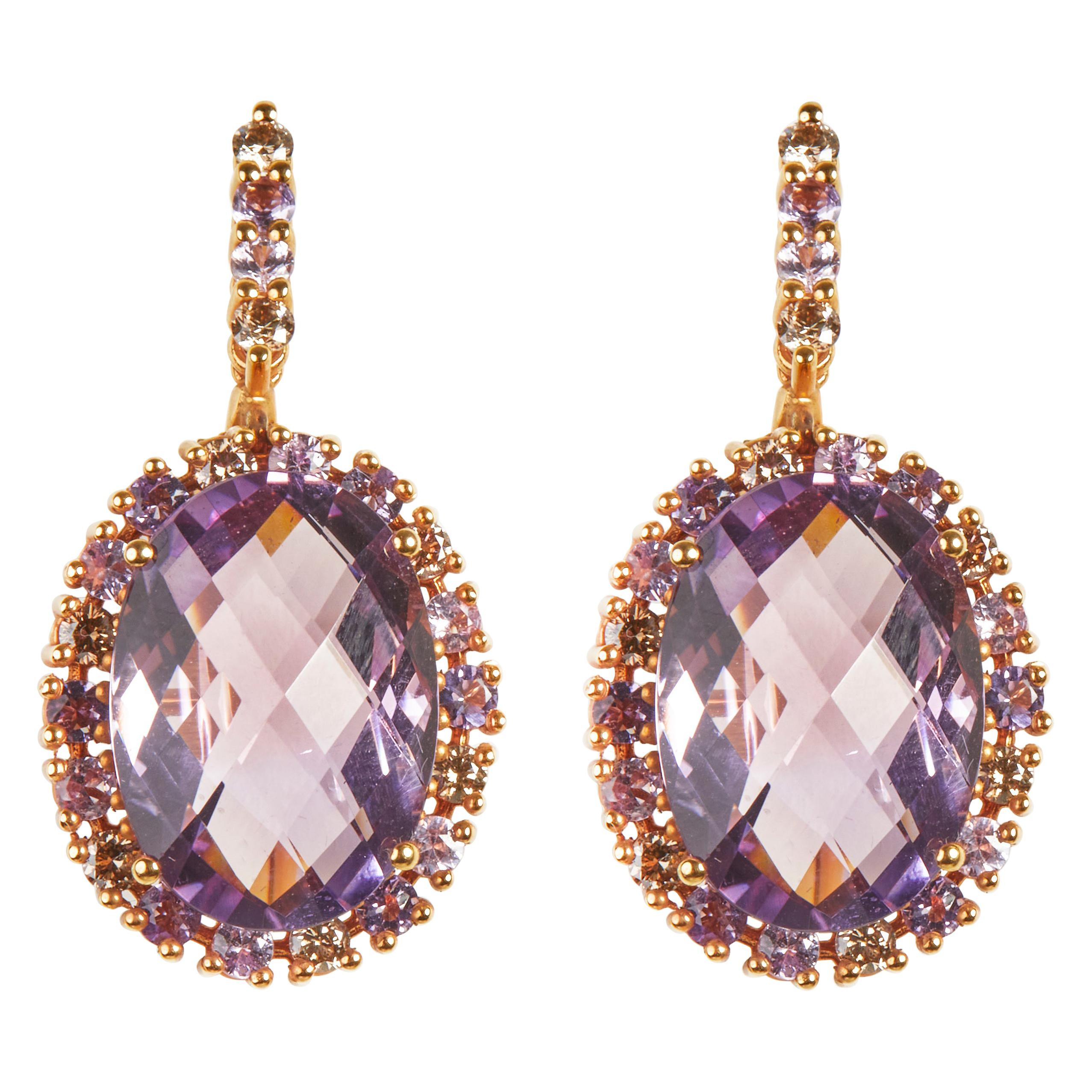 18 Karat Rose Gold Diamond Amethyst and Pink Sapphire Dangle Earrings
