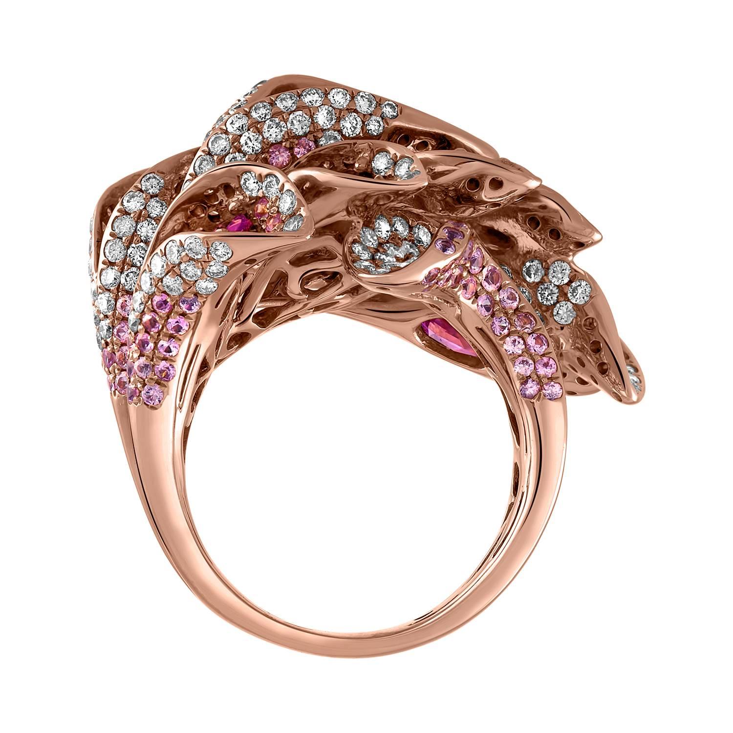Oval Cut 18 Karat Rose Gold, Diamond and 6.61 Carat Pink Sapphire Flower Cocktail Ring For Sale