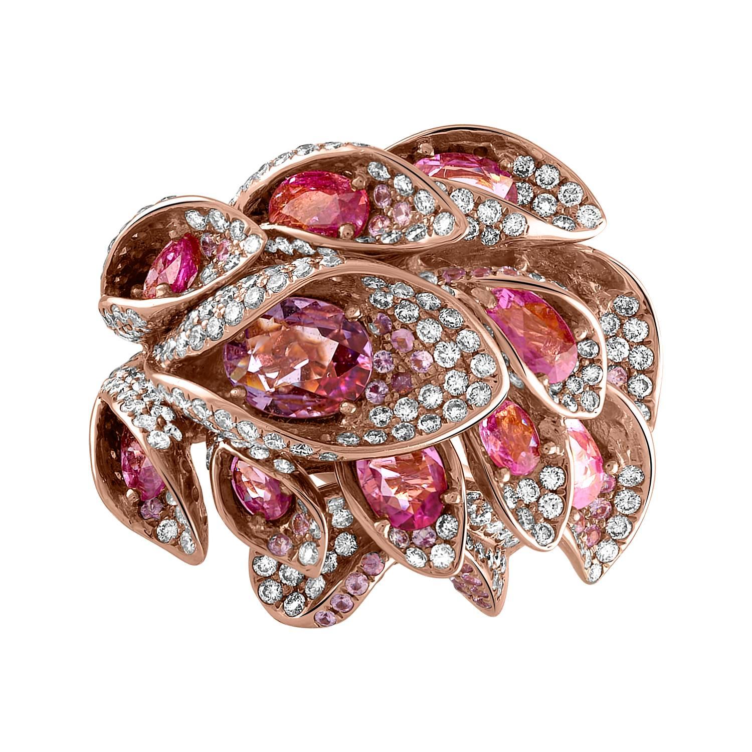 18 Karat Rose Gold, Diamond and 6.61 Carat Pink Sapphire Flower Cocktail Ring For Sale
