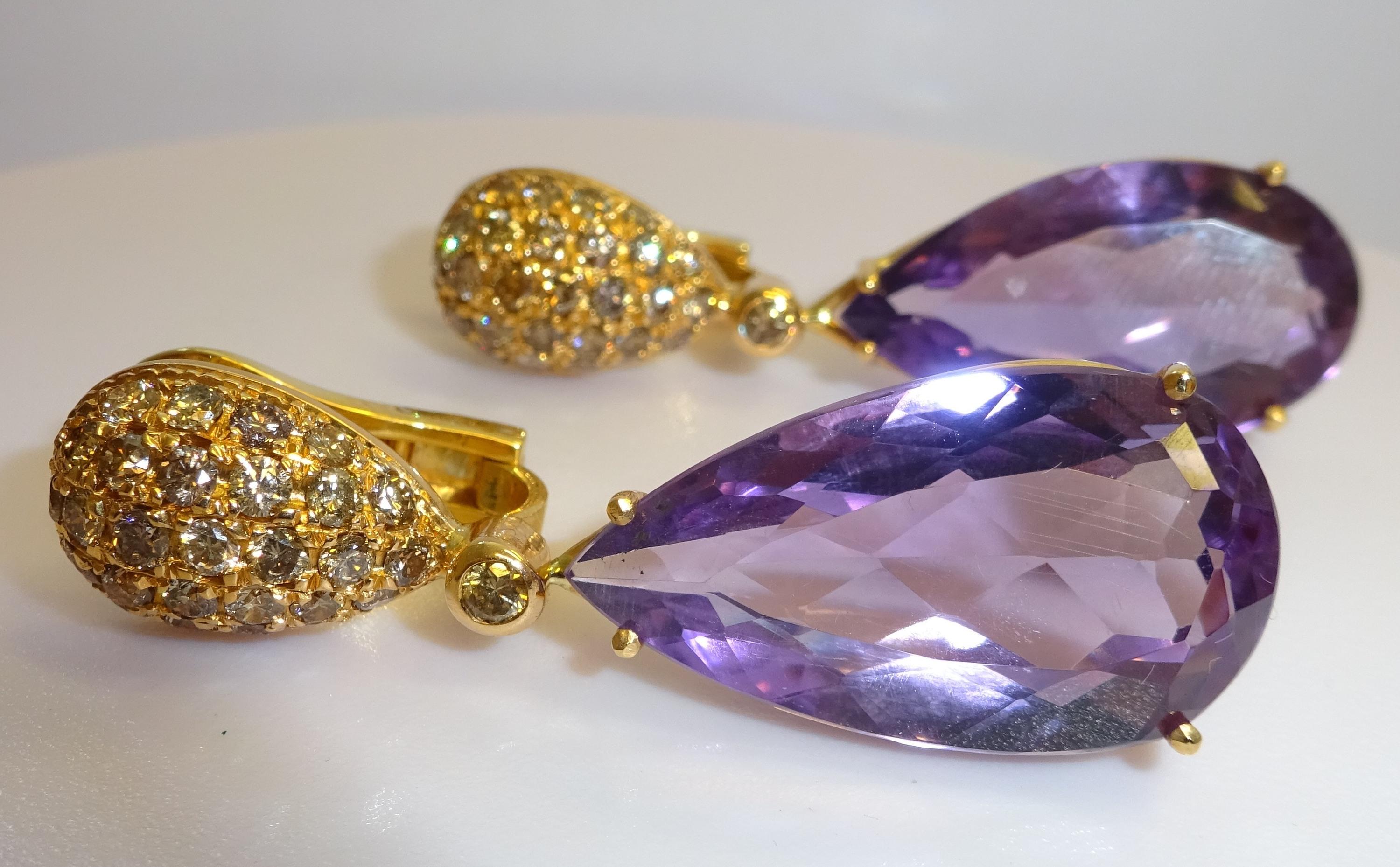Oro rosa de 18 quilates Diamante y  Amatista  Pendientes colgantes Corte pera en venta