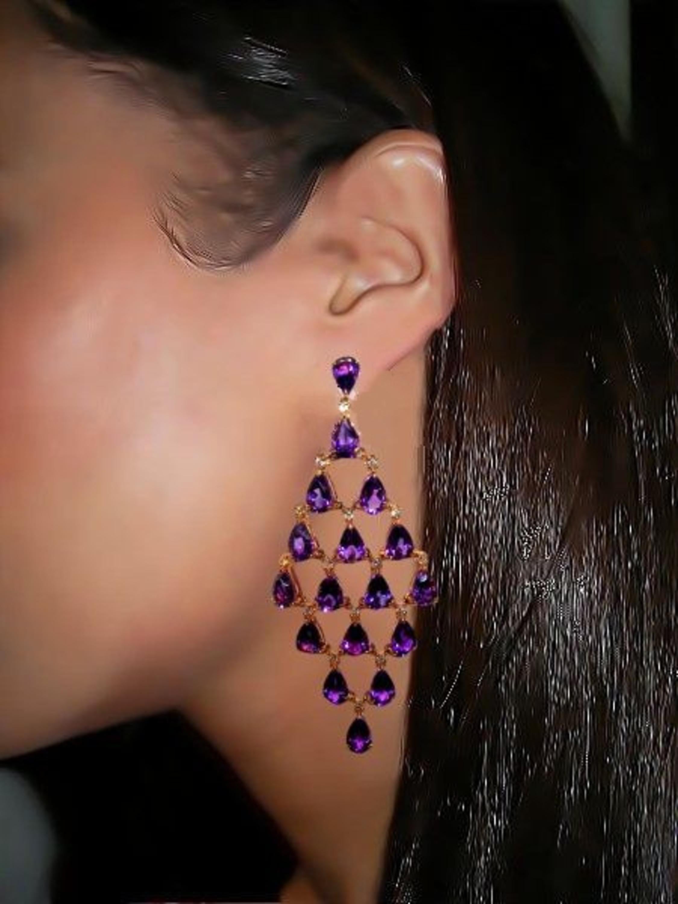 18 Karat Rose Gold Diamond and Amethyst Dangle Earrings In New Condition For Sale In Duesseldorf, DE