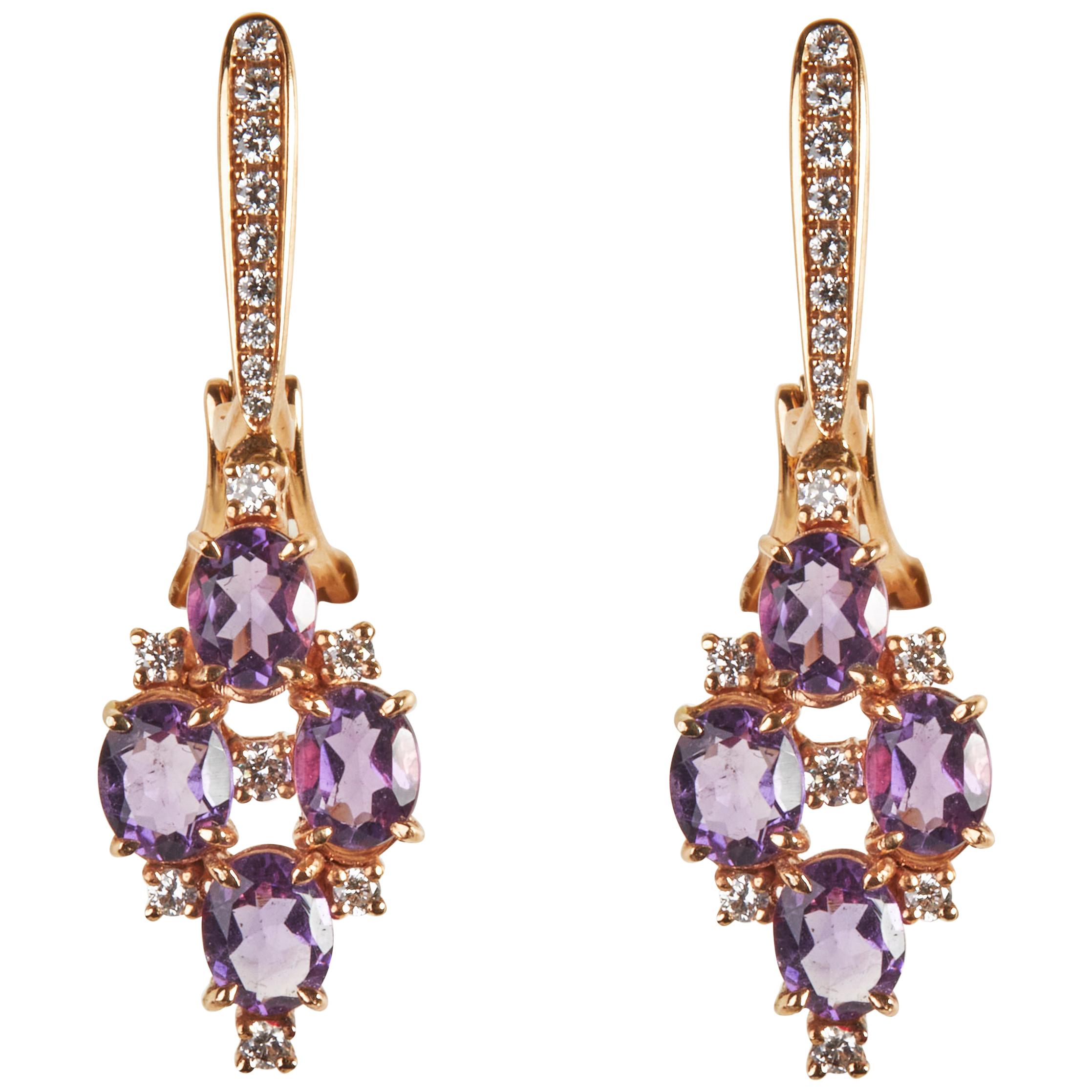 18 Karat Rose Gold Diamond and Amethyst Dangle Earrings
