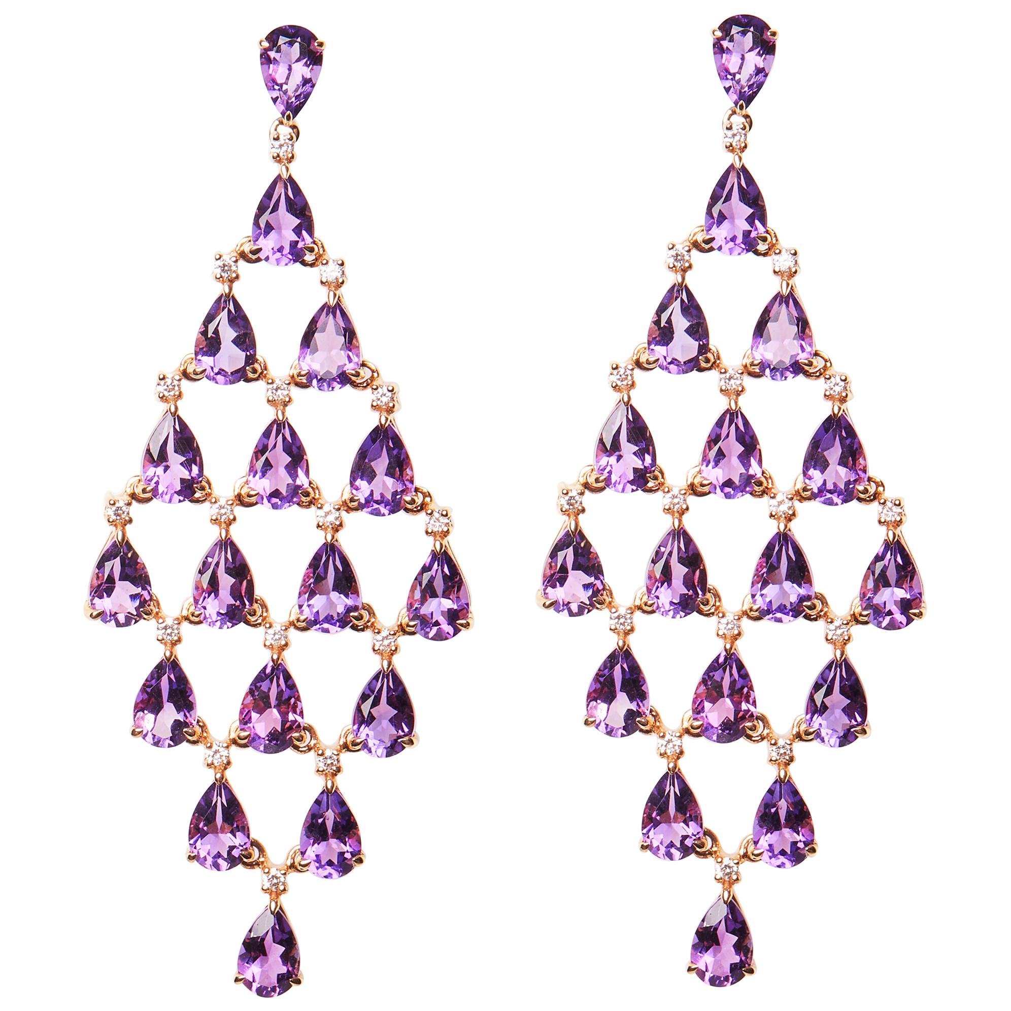 18 Karat Rose Gold Diamond and Amethyst Dangle Earrings For Sale