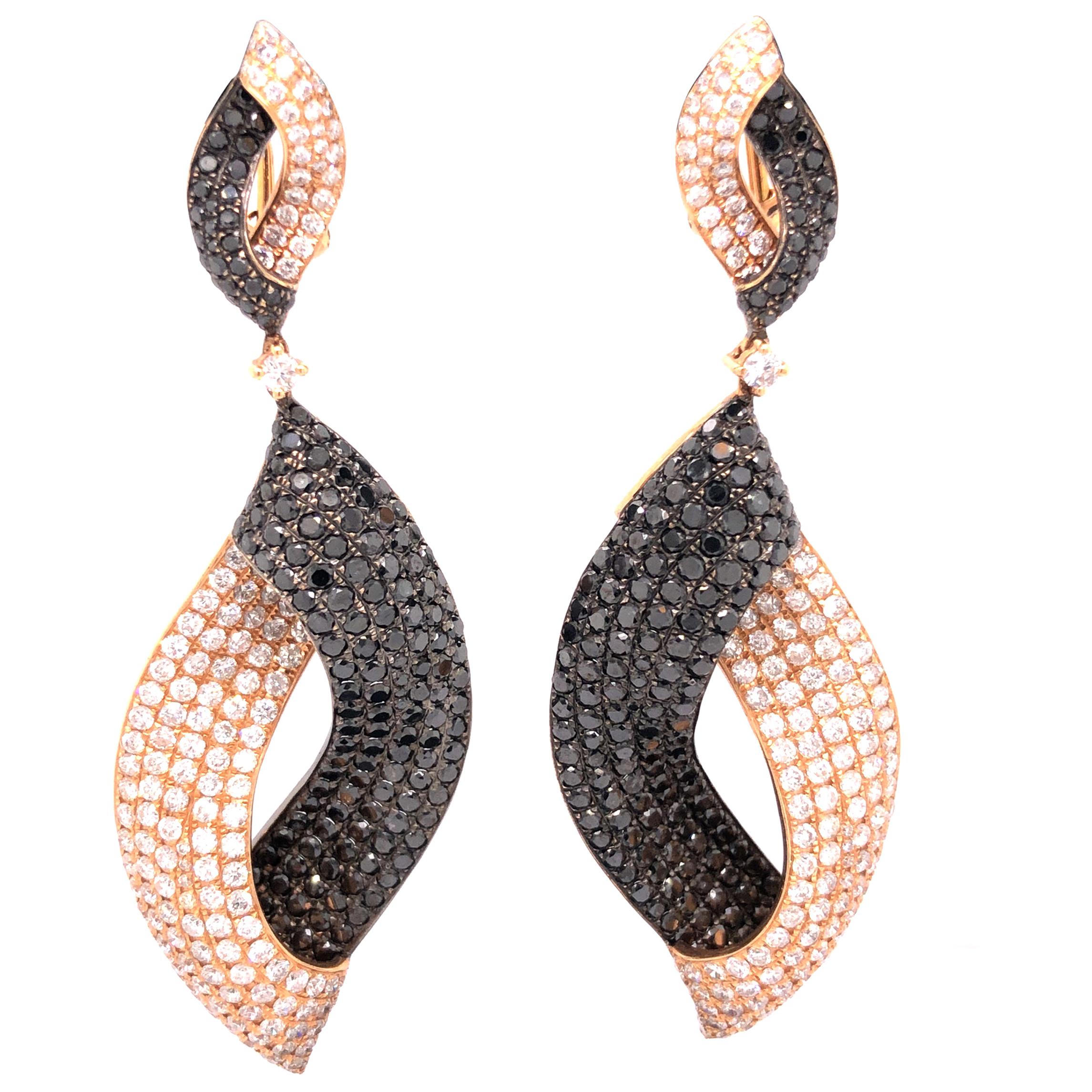 18 Karat Rose Gold Diamond and Black Diamond Earrings For Sale