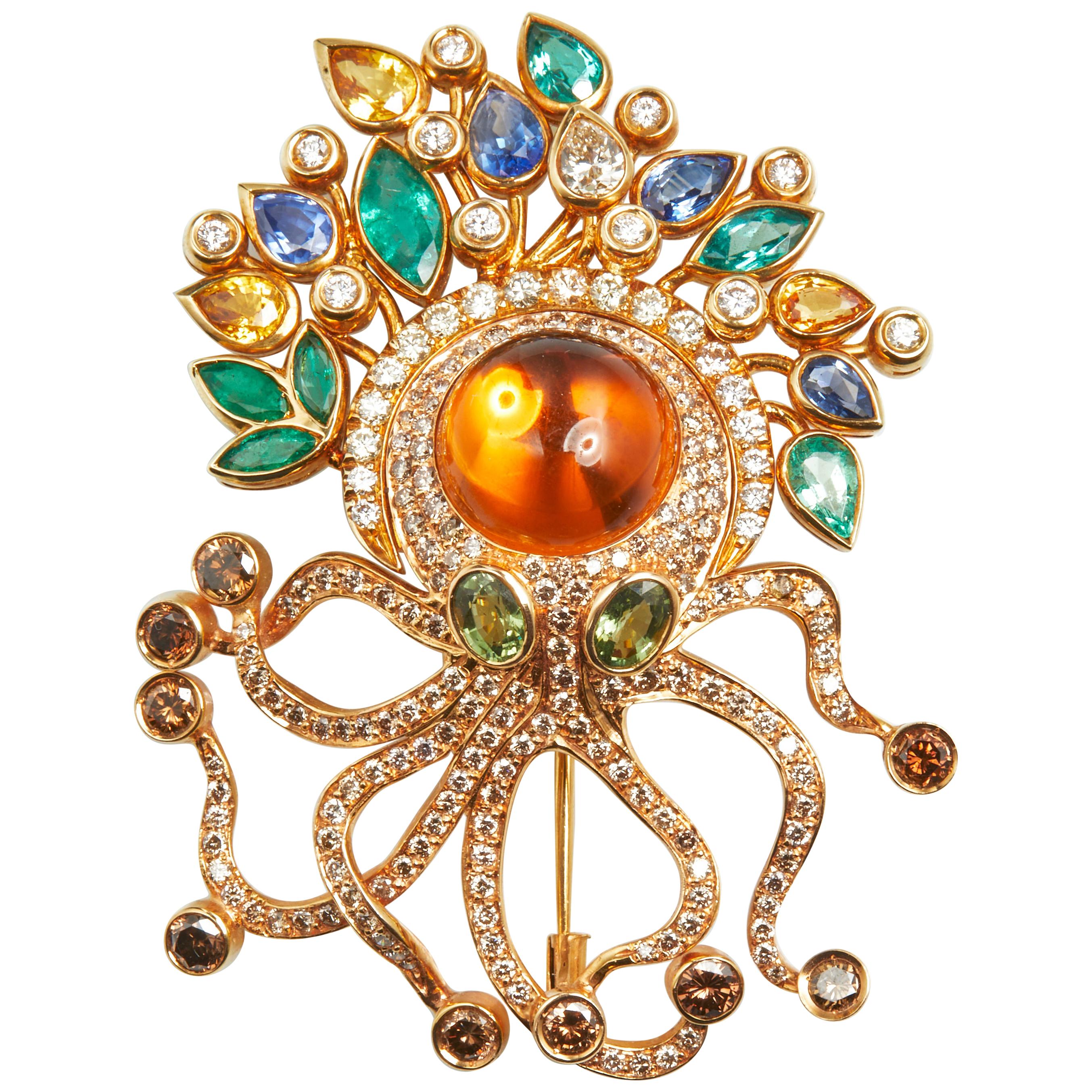 18 Karat Rose Gold Diamond and Citrin Octopus Brooch For Sale