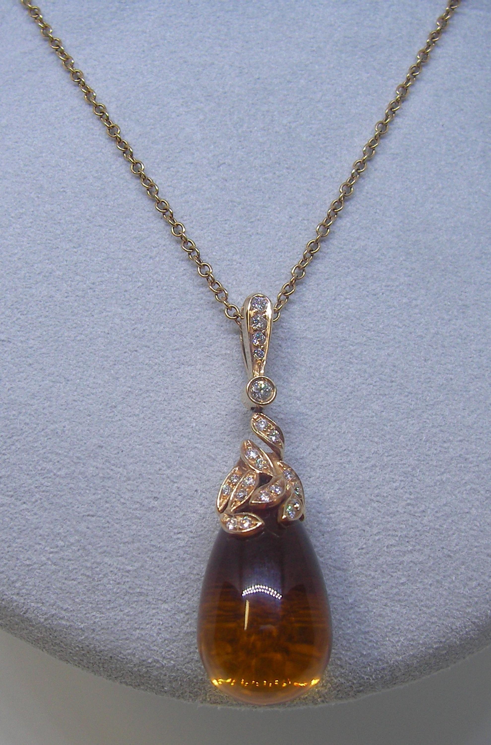 Mixed Cut 18 Karat Rose Gold Diamond and Citrin Pendant with Chain For Sale