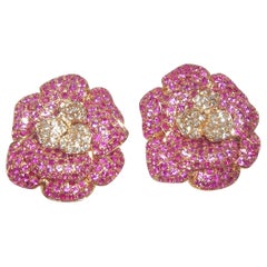 18 Karat Rose Gold Diamond and Pink Sapphire Flower Earrings