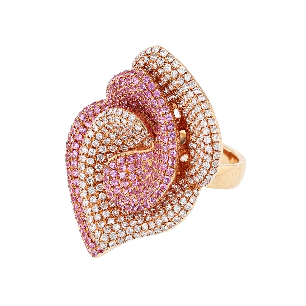 Contemporary 18 Karat Rose Gold Diamond and Pink Sapphire Ring