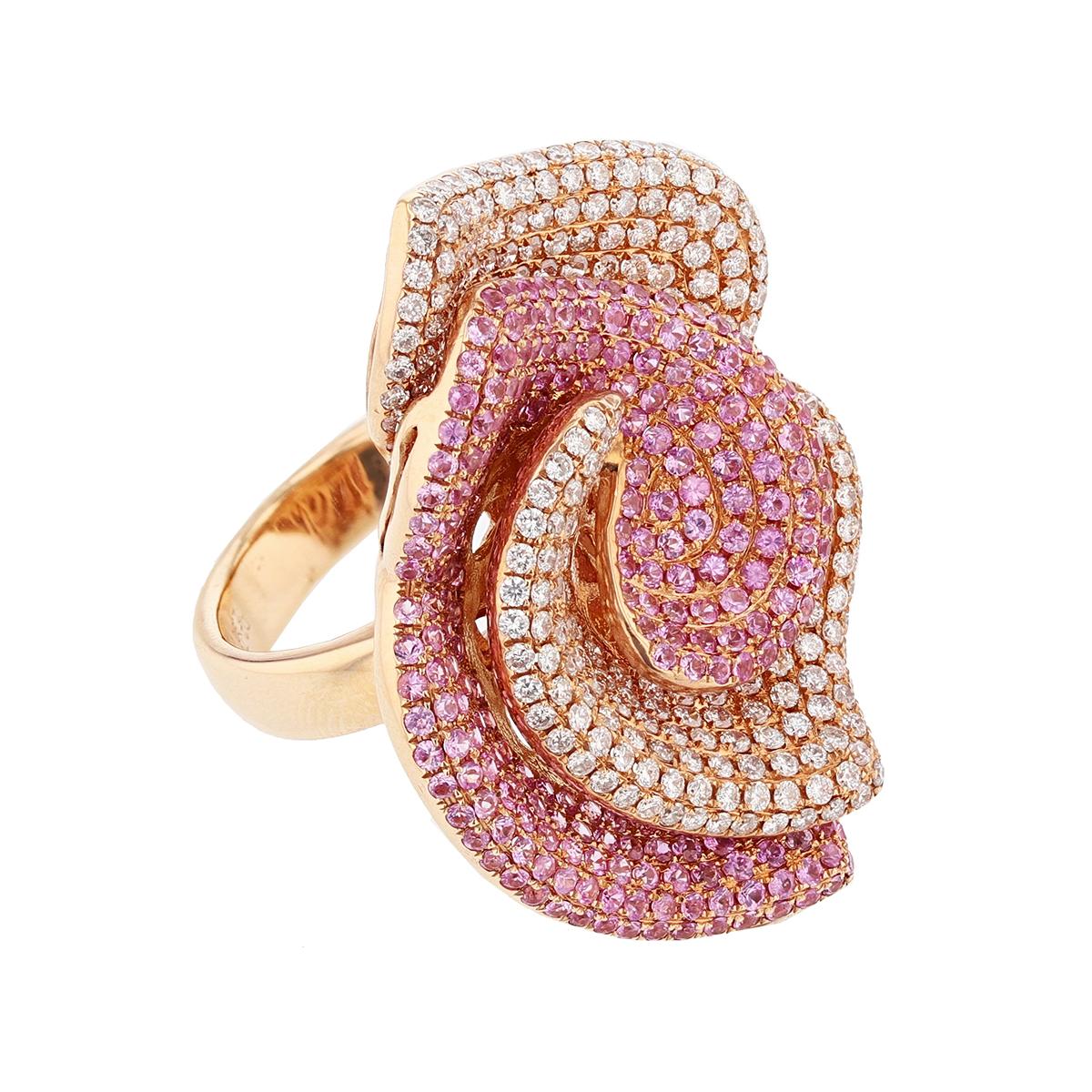 Round Cut 18 Karat Rose Gold Diamond and Pink Sapphire Ring