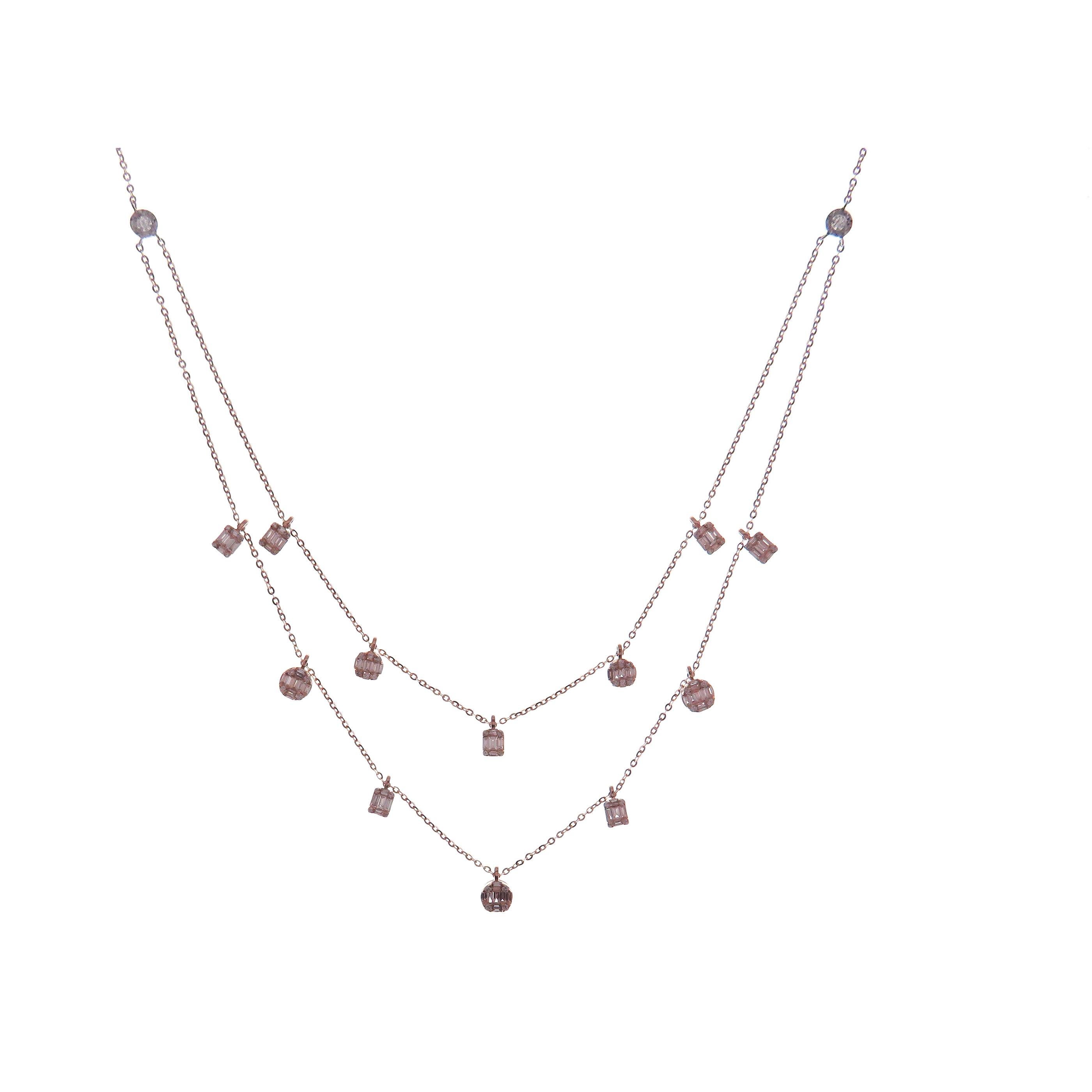 18 Karat Roségold Diamant Baguette Kreis Birnen-Doppelreihige DBY Halskette (Rundschliff) im Angebot