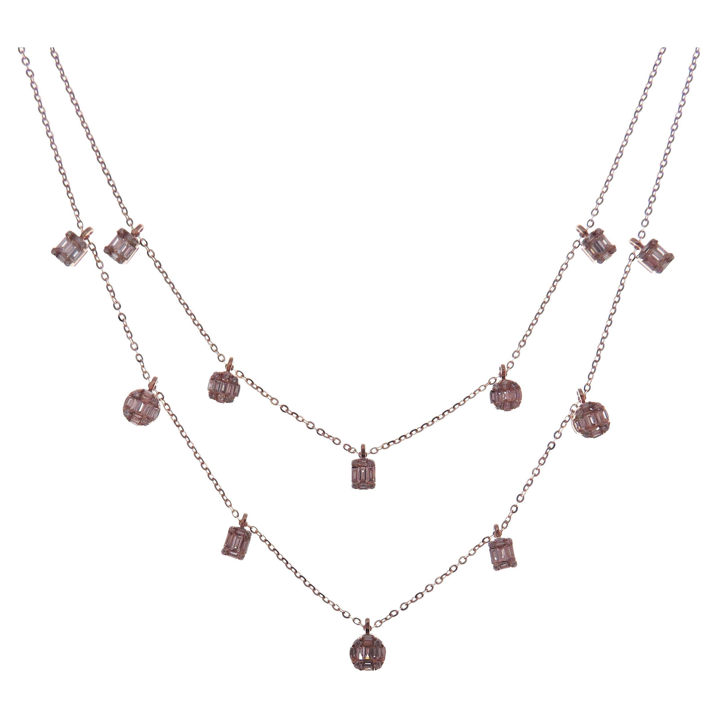 18 Karat Roségold Diamant Baguette Kreis Birnen-Doppelreihige DBY Halskette im Angebot