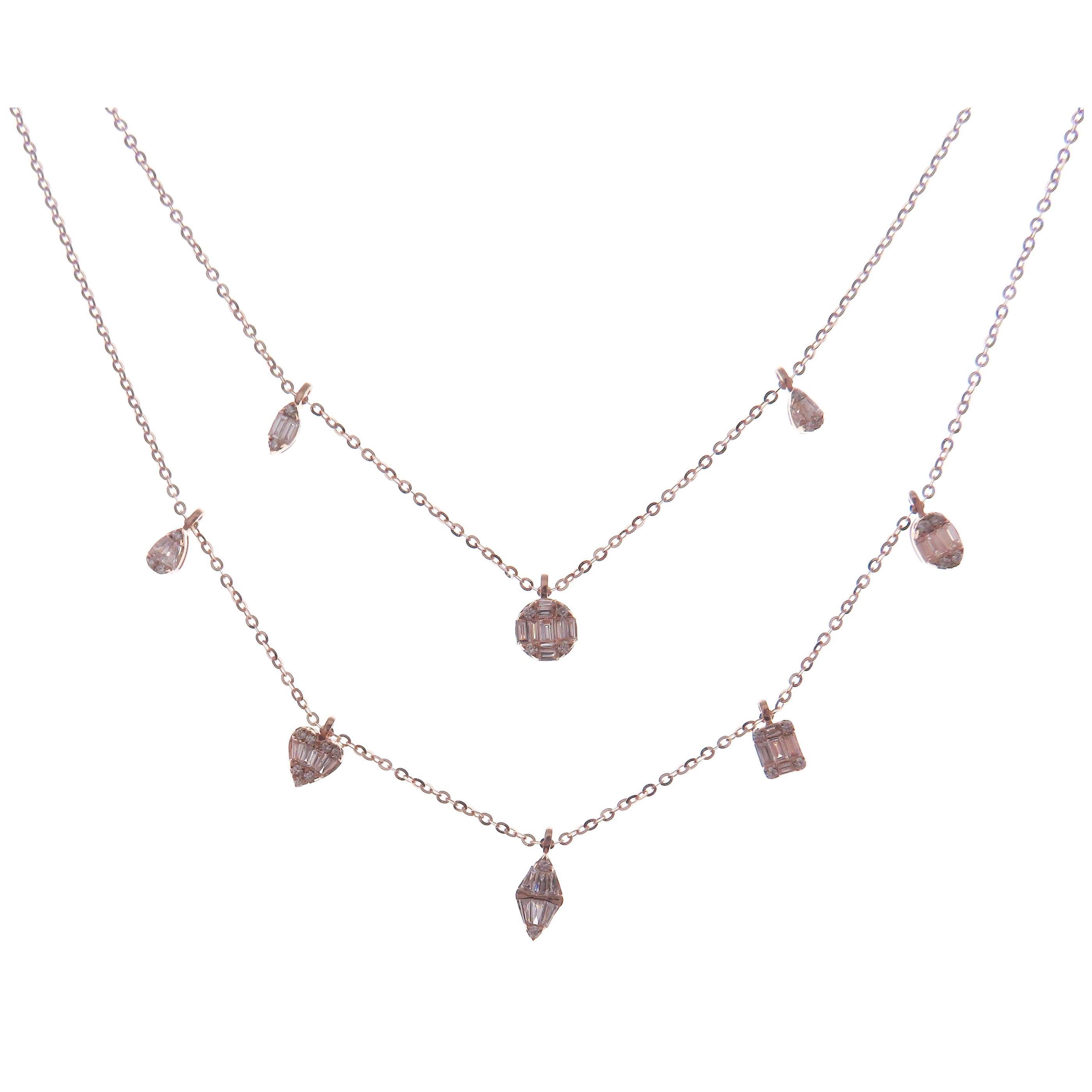 Round Cut 18 Karat Rose Gold Diamond Baguette Mix Pear Double Strand Necklace For Sale