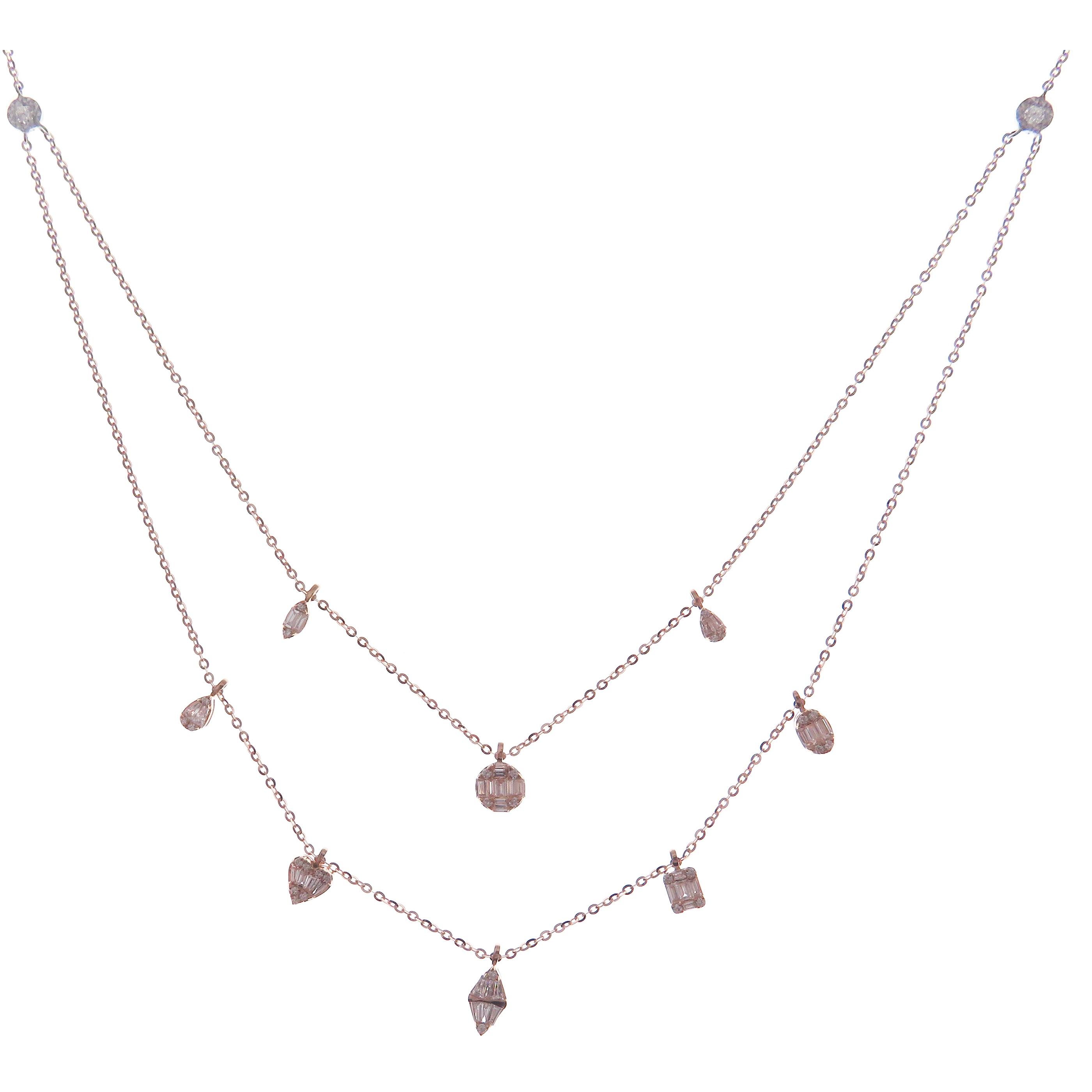 18 Karat Rose Gold Diamond Baguette Mix Pear Double Strand Necklace In New Condition For Sale In Los Angeles, CA