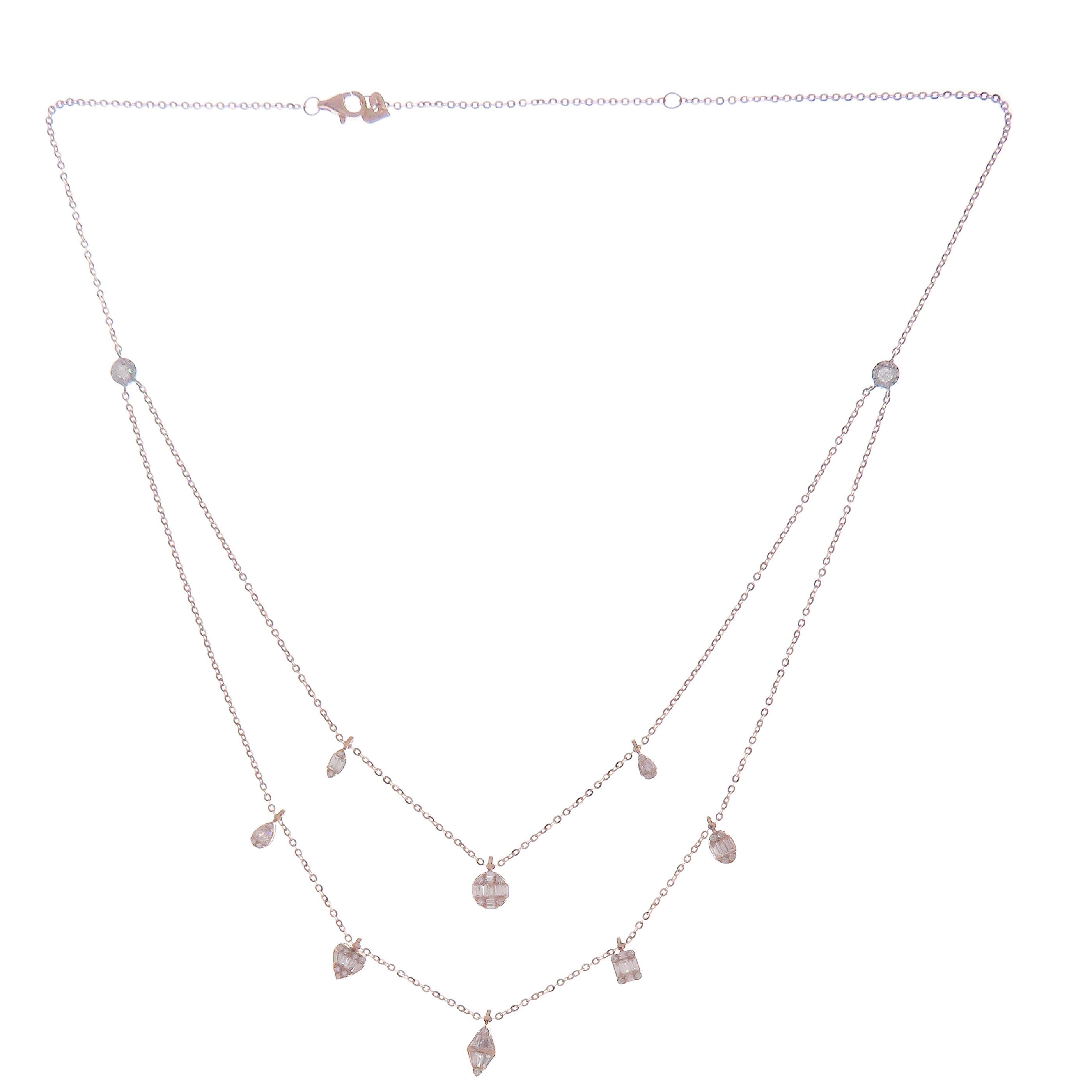 Women's or Men's 18 Karat Rose Gold Diamond Baguette Mix Pear Double Strand Necklace For Sale