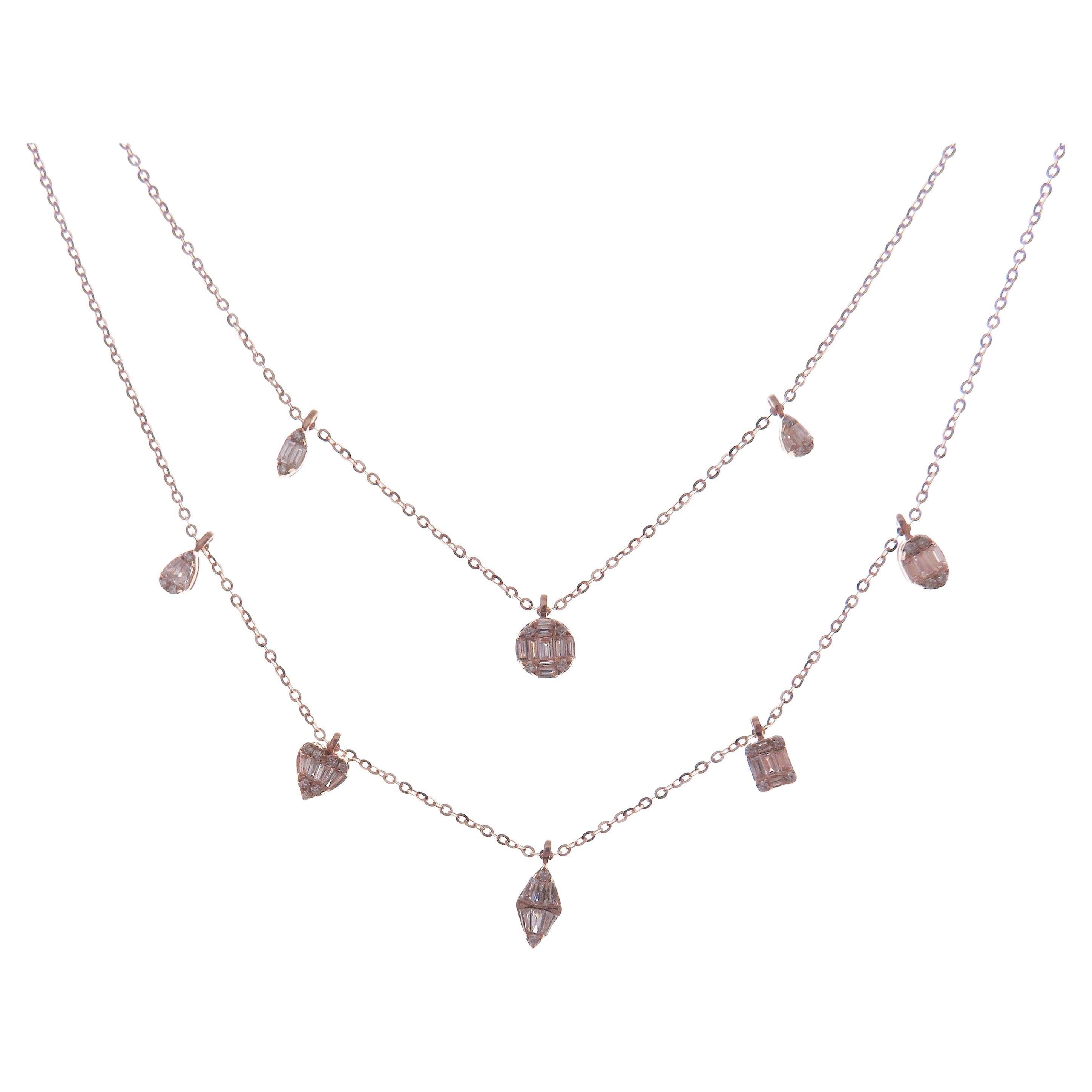 18 Karat Rose Gold Diamond Baguette Mix Pear Double Strand Necklace For Sale