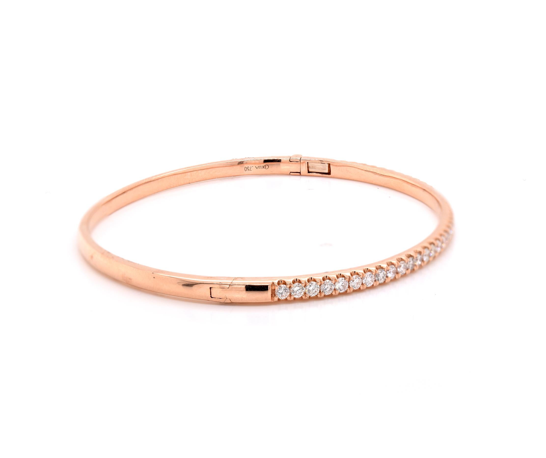 Material: 18K rose gold
Diamonds:  39 round cut = 1.00cttw
Color: G
Clarity: VS
Dimensions: bracelet will fit up to a 6.5-inch wrist 
Weight: 11.46 grams