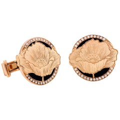 18 Karat Rose Gold, Diamond, Black Enamel Poppy Cufflinks