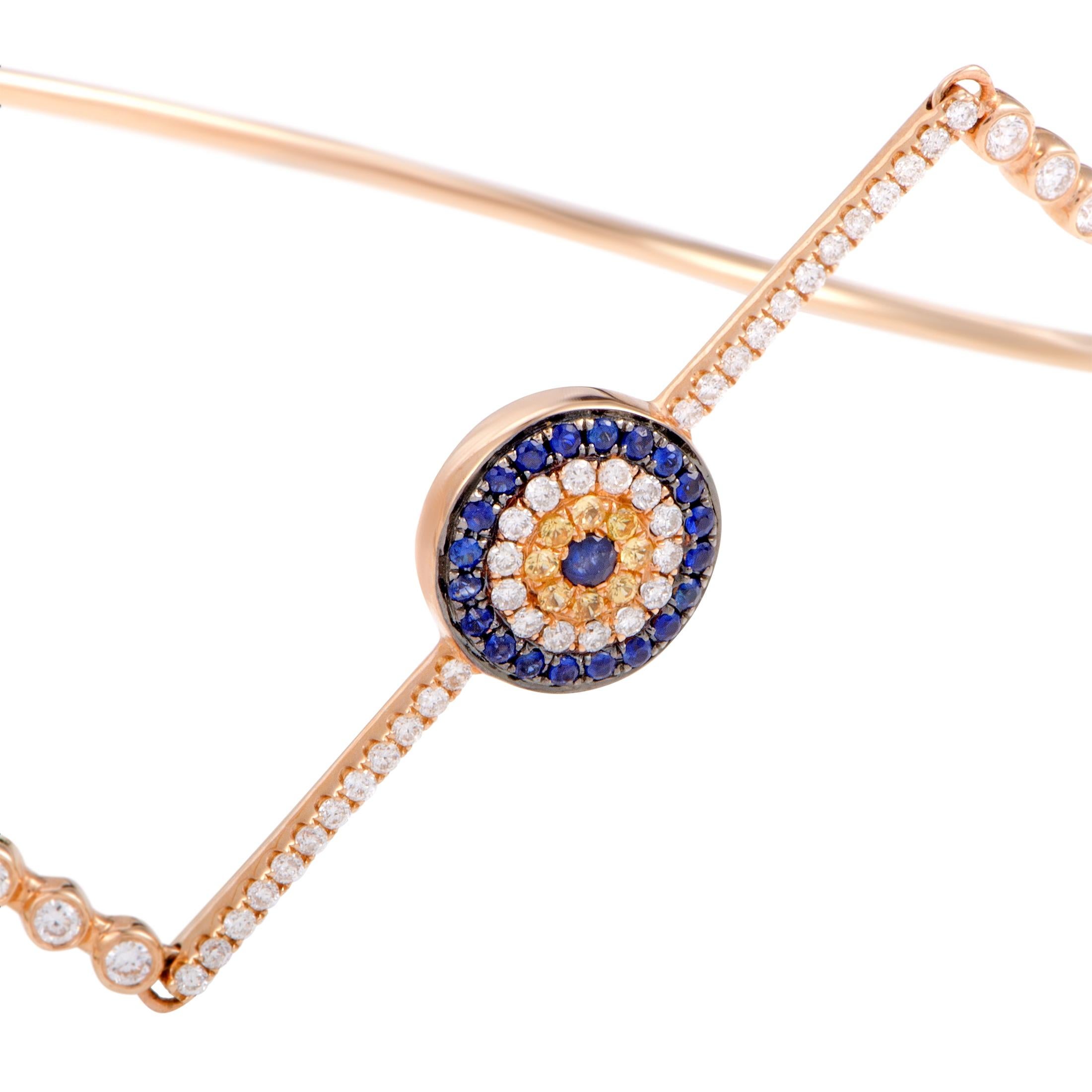 Round Cut 18 Karat Rose Gold Diamond Blue and Yellow Sapphire Evil Eye Bangle Bracelet