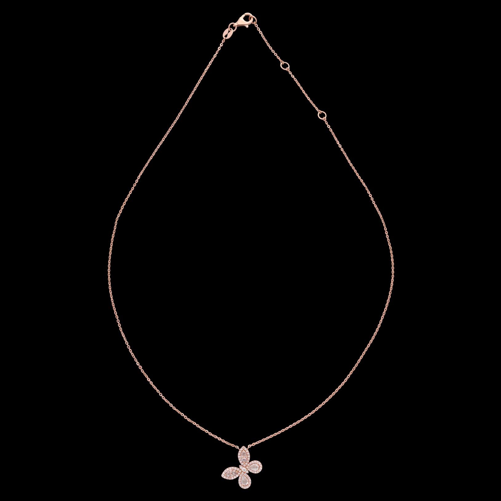 Delicate and elegant, this might just be the perfect gift. Suspended from a lovely 18 karat Rose Gold chain is a diamond pendant in the shape of a butterfly. Two Pear Shaped Diamonds are featured in the lower wings, while a number of fine melee