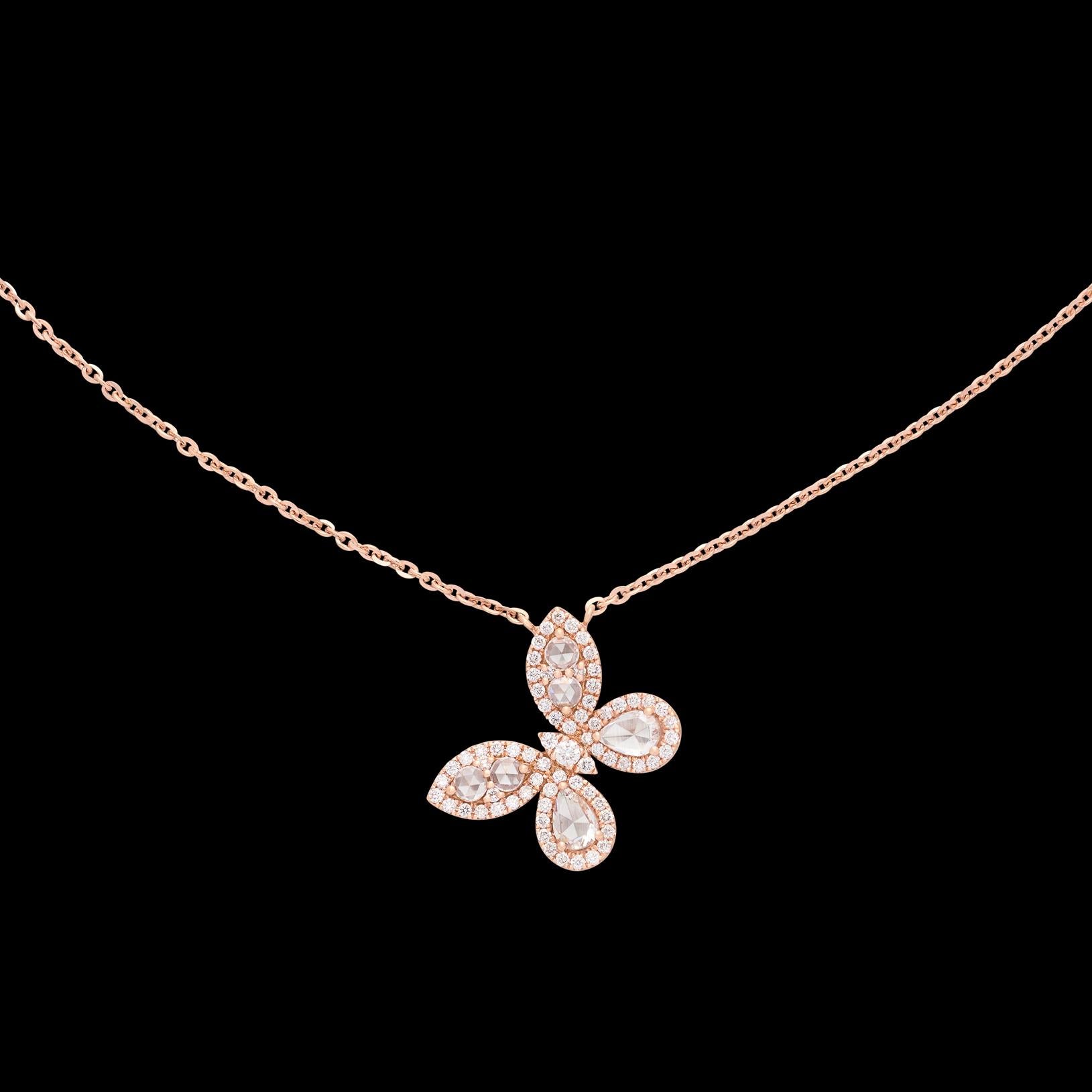 Round Cut 18 Karat Rose Gold Diamond Butterfly Necklace For Sale