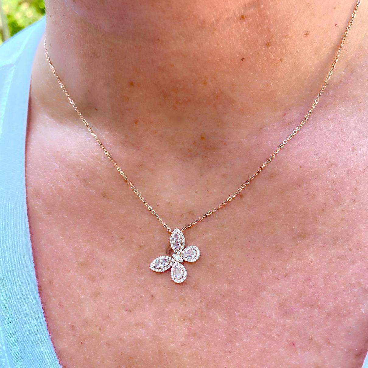 Women's 18 Karat Rose Gold Diamond Butterfly Necklace For Sale
