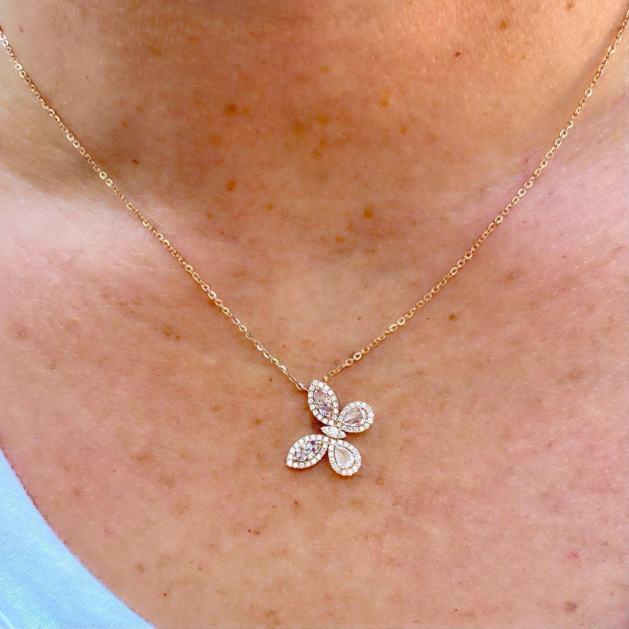 18 Karat Rose Gold Diamond Butterfly Necklace For Sale 2