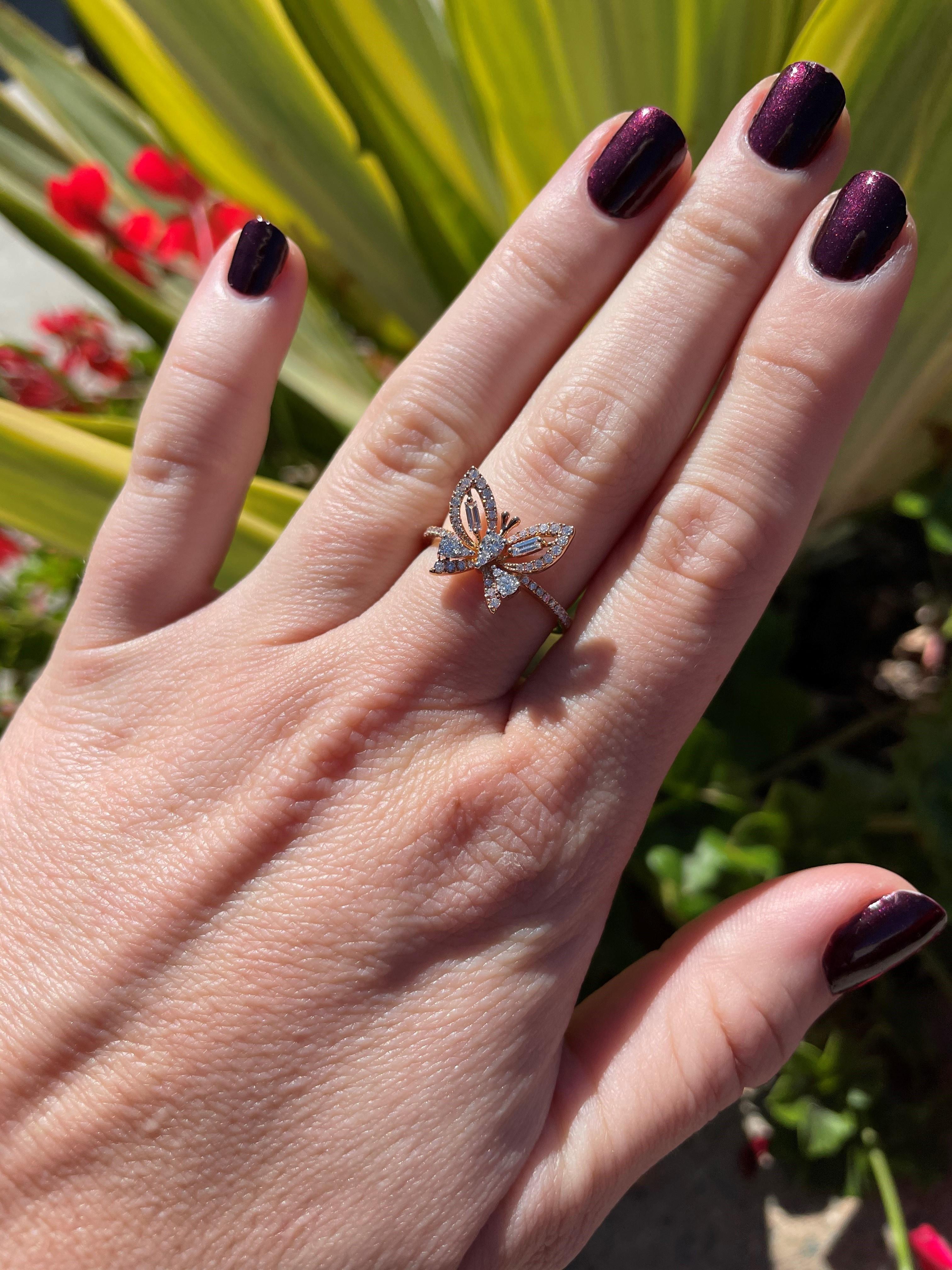 This sophisticated butterfly ring is crafted of 18k rose gold with 0.49 total carat weight of diamonds in G-H Color and VS2-SI clarity.