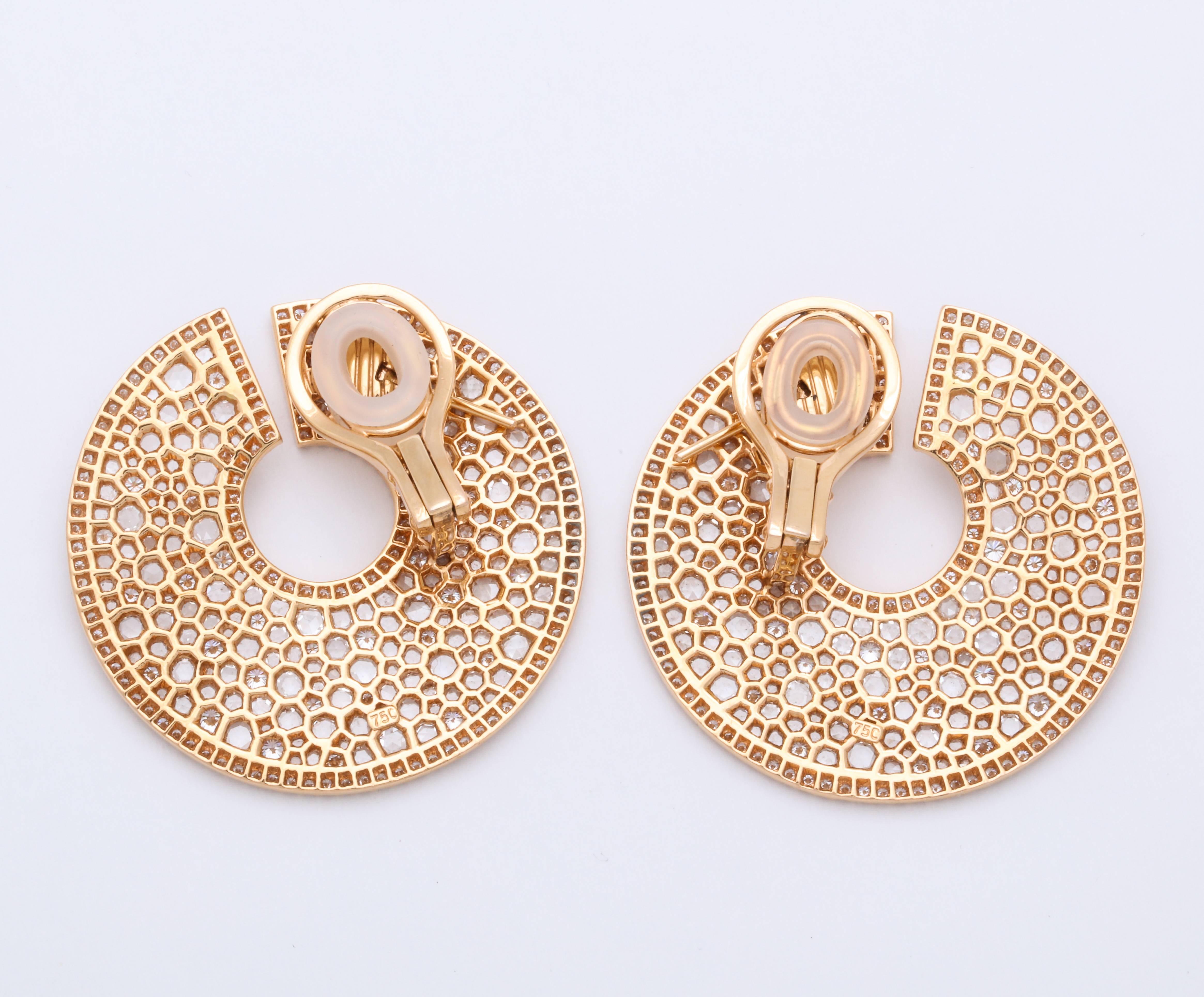 Rose Cut 18 Karat Rose Gold Diamond C-Scroll Earrings For Sale