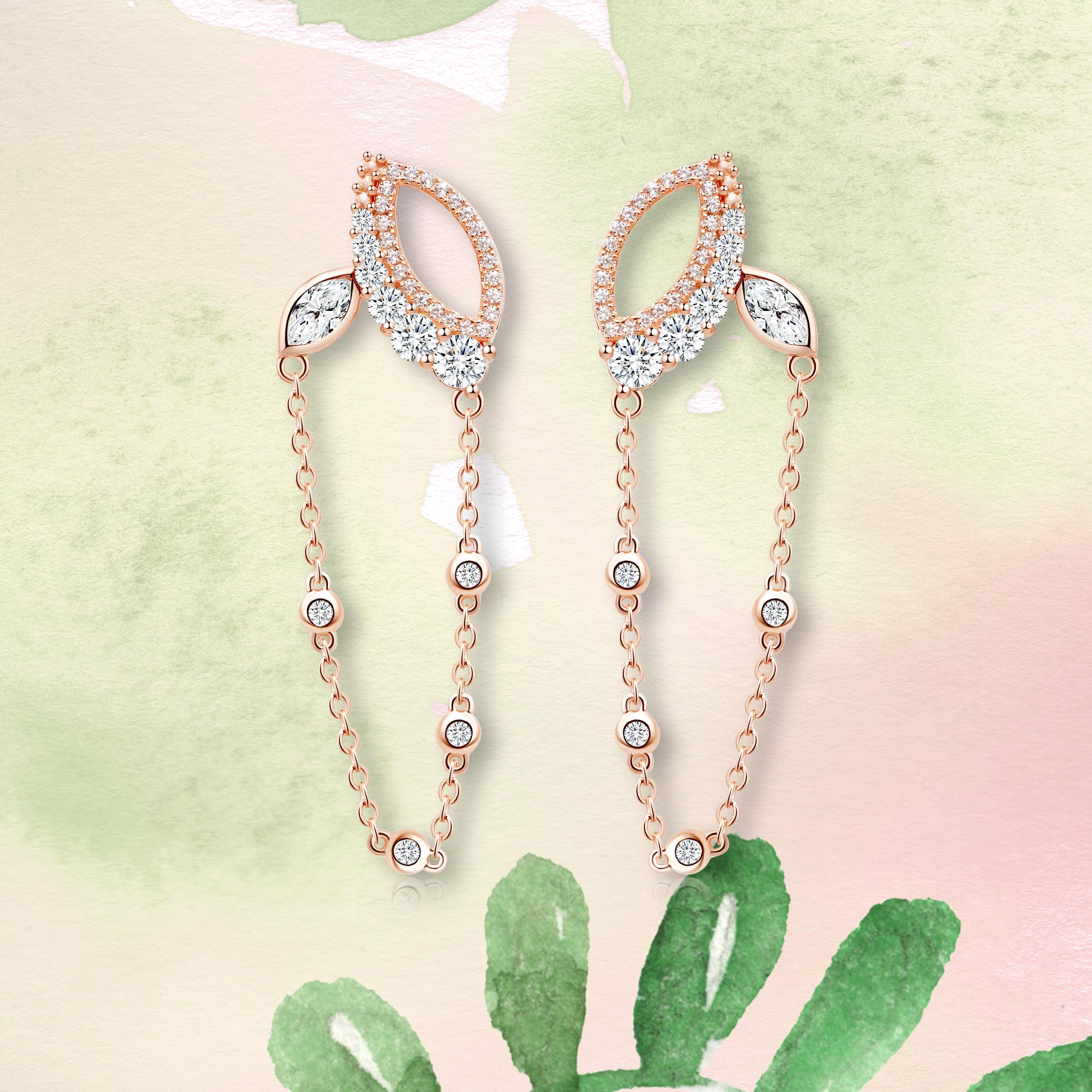 Marquise Cut 18 Karat Rose Gold Diamond Chain Leaf Earrings For Sale