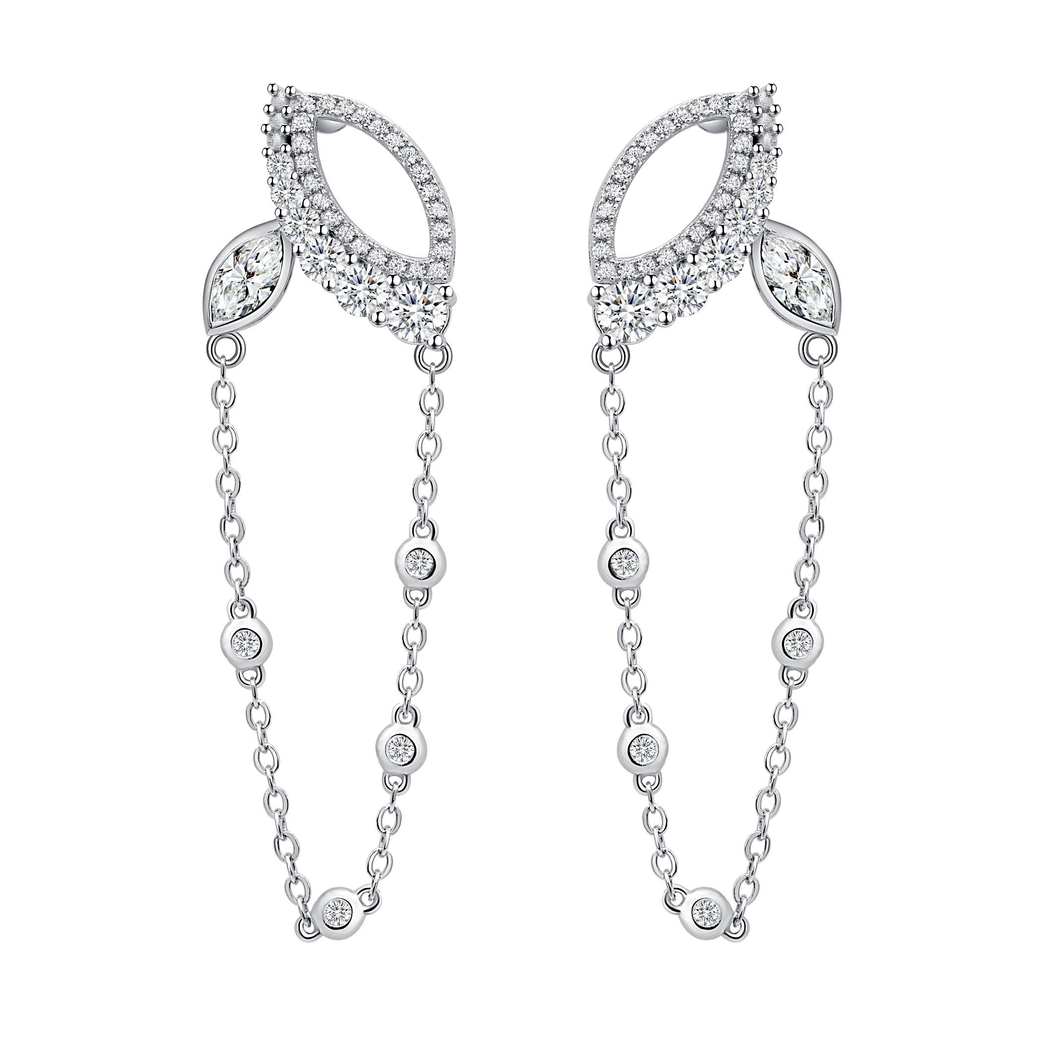 Women's or Men's 18 Karat Rose Gold Diamond Chain Leaf Earrings For Sale
