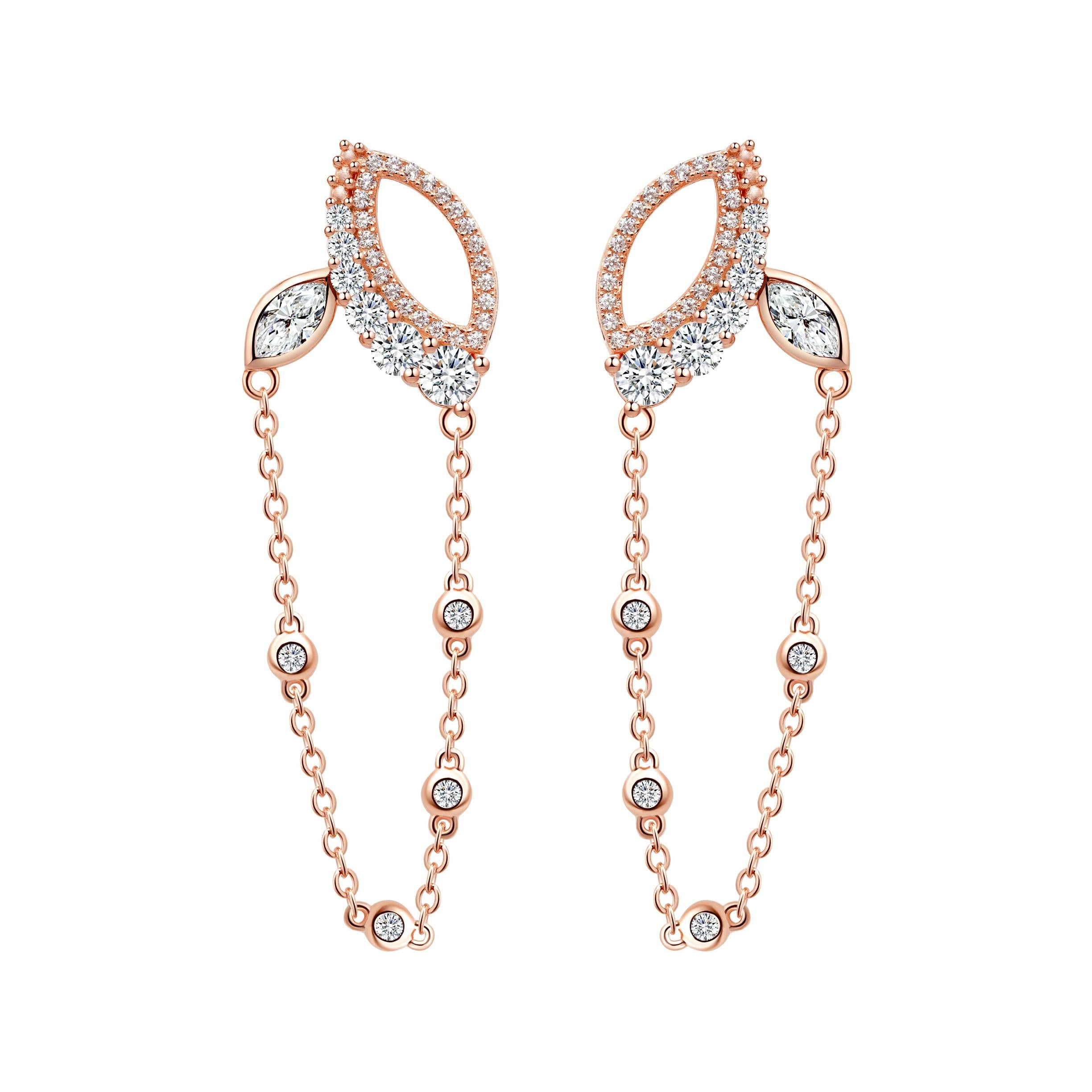 18 Karat Rose Gold Diamond Chain Leaf Earrings For Sale