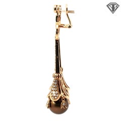 18 Karat Rose Gold Diamond & Chocolate Pearl Drop Earrings  1.50 Carats Diamond