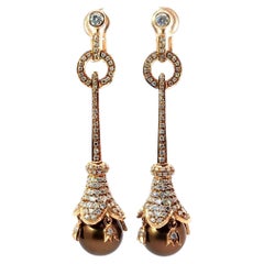 18 Karat Rose Gold Diamond & Chocolate Pearl Drop Earrings  1.50 Carats Diamond