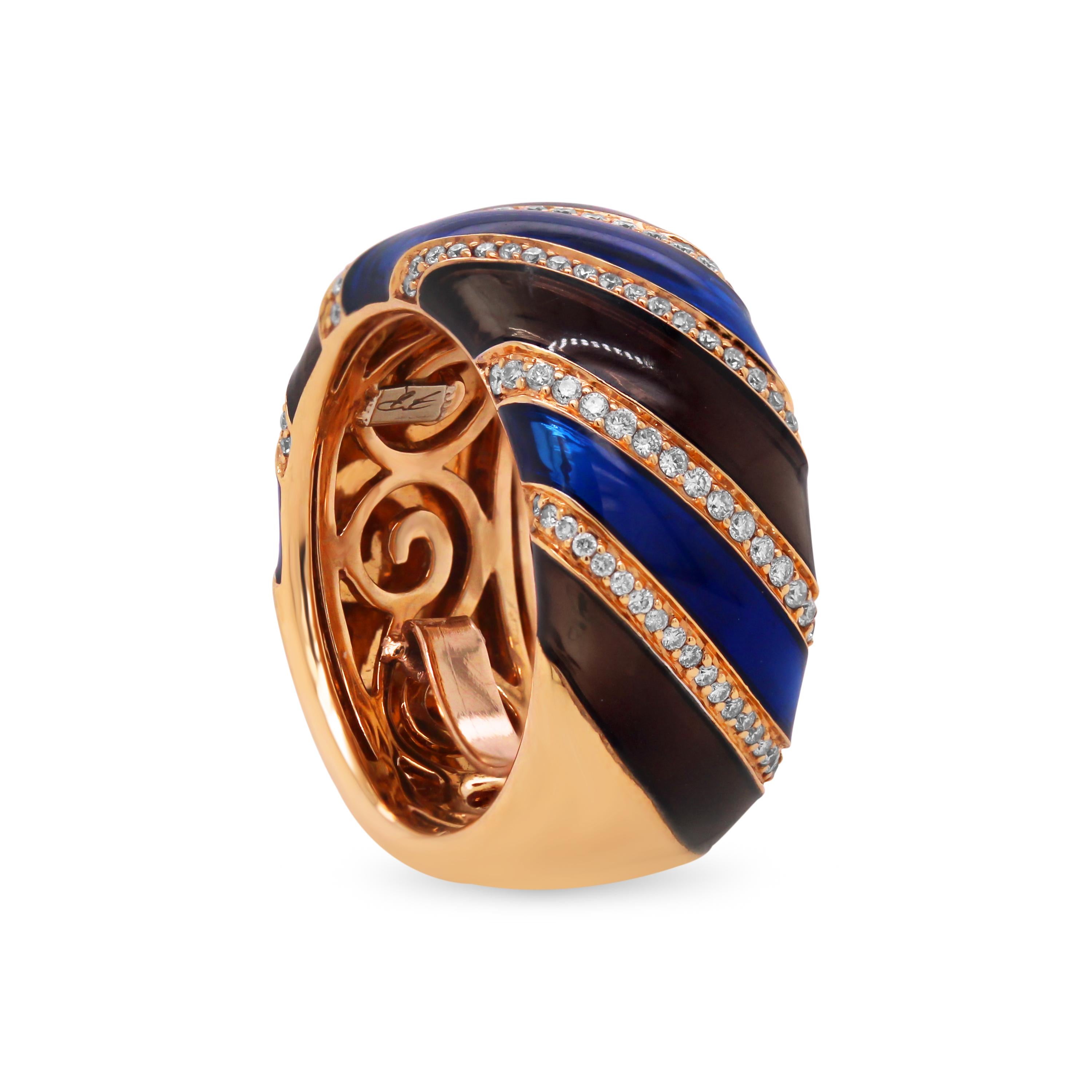 18 Karat Rose Gold Diamond Cobalt Navy Blue and Brown Enamel Wide Band Ring

Apprx. 0.50 carat G color, VS clarity diamonds total weight

Band has a ring guard that can be removed if needed.

Size 4.50, sizable by request

10mm width.
