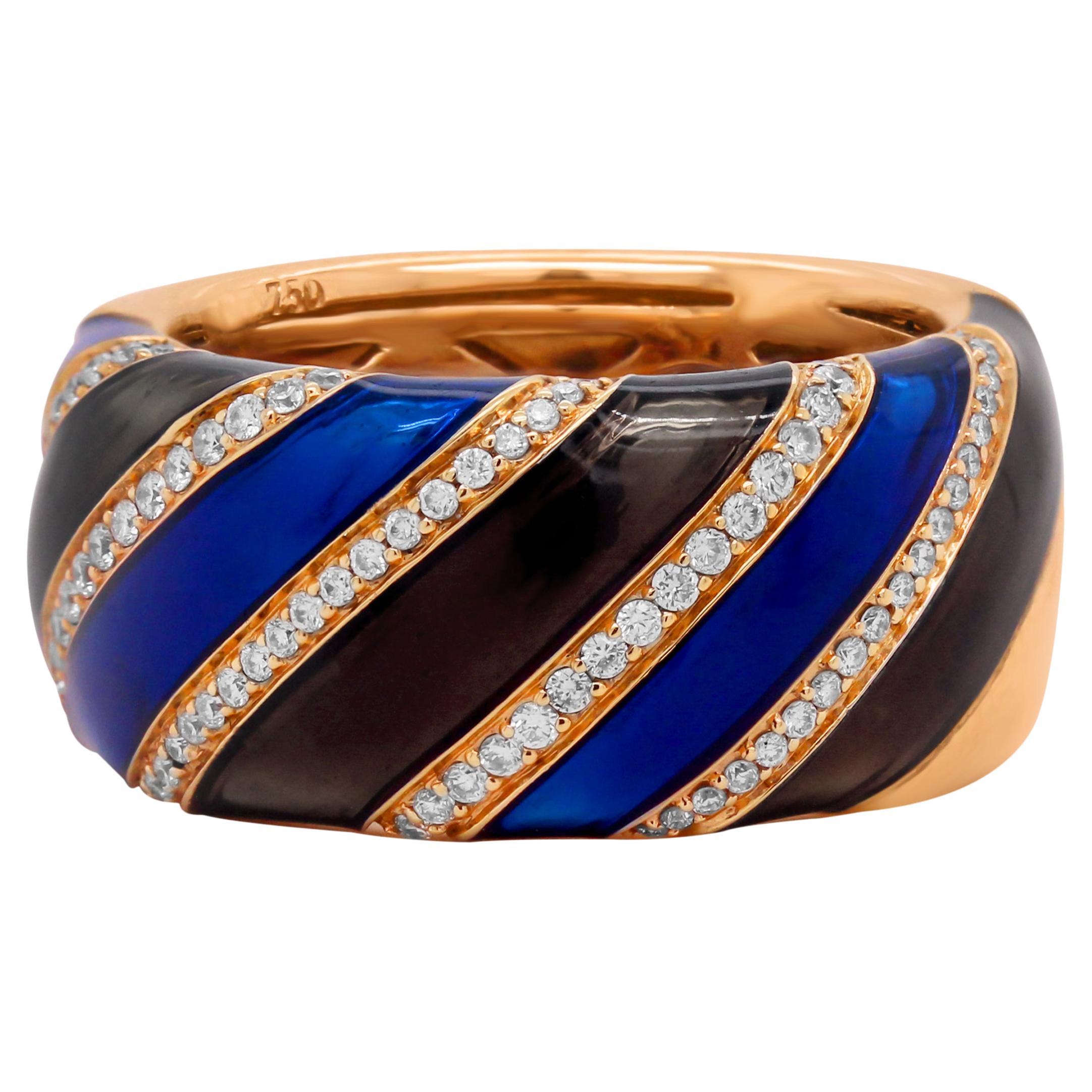 18 Karat Rose Gold Diamond Cobalt Navy Blue and Brown Enamel Wide Band Ring For Sale